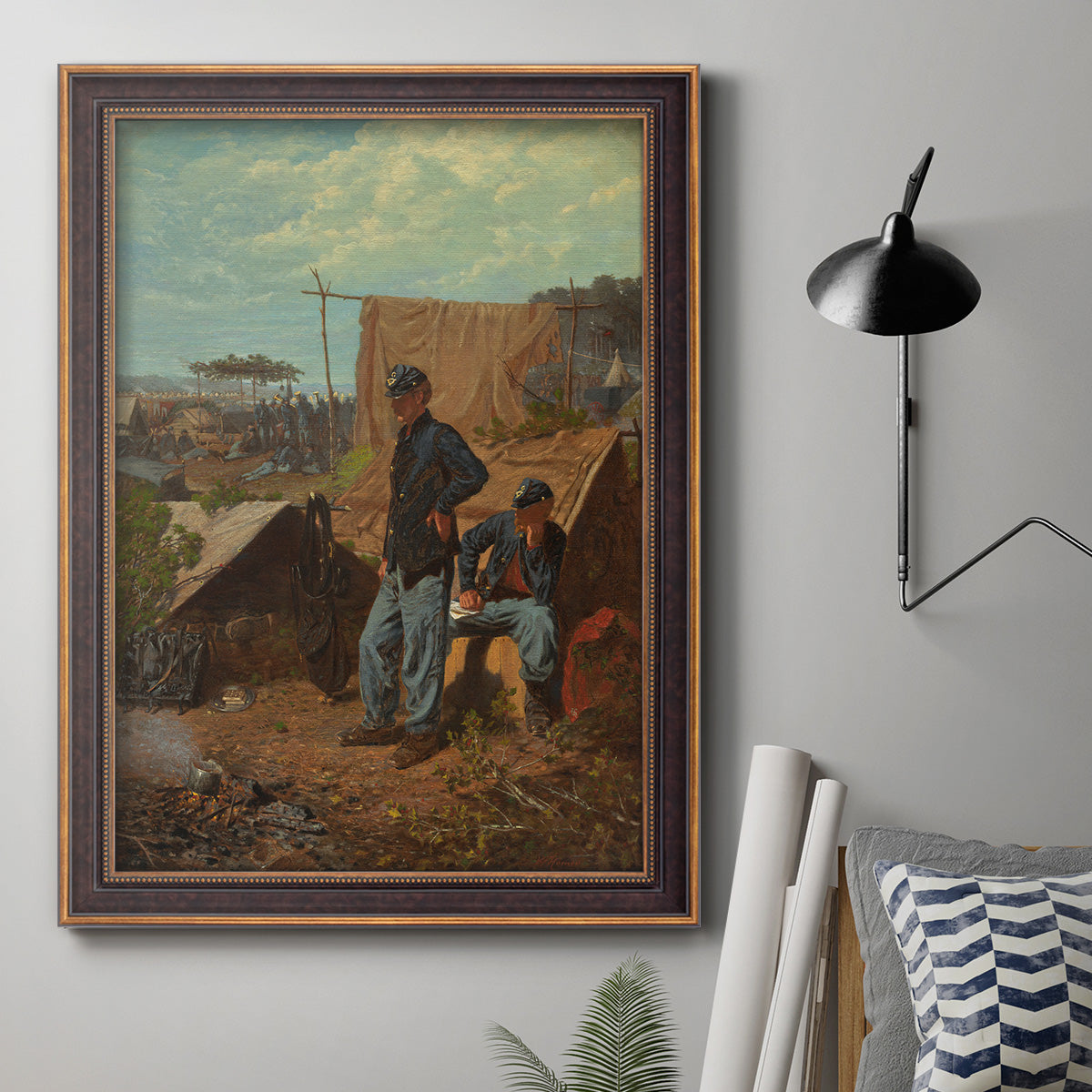 American genre scene of domestic life by Winslow Homer in an ornate bronzed mahogany wood frame displayed in a neutral interior setting.