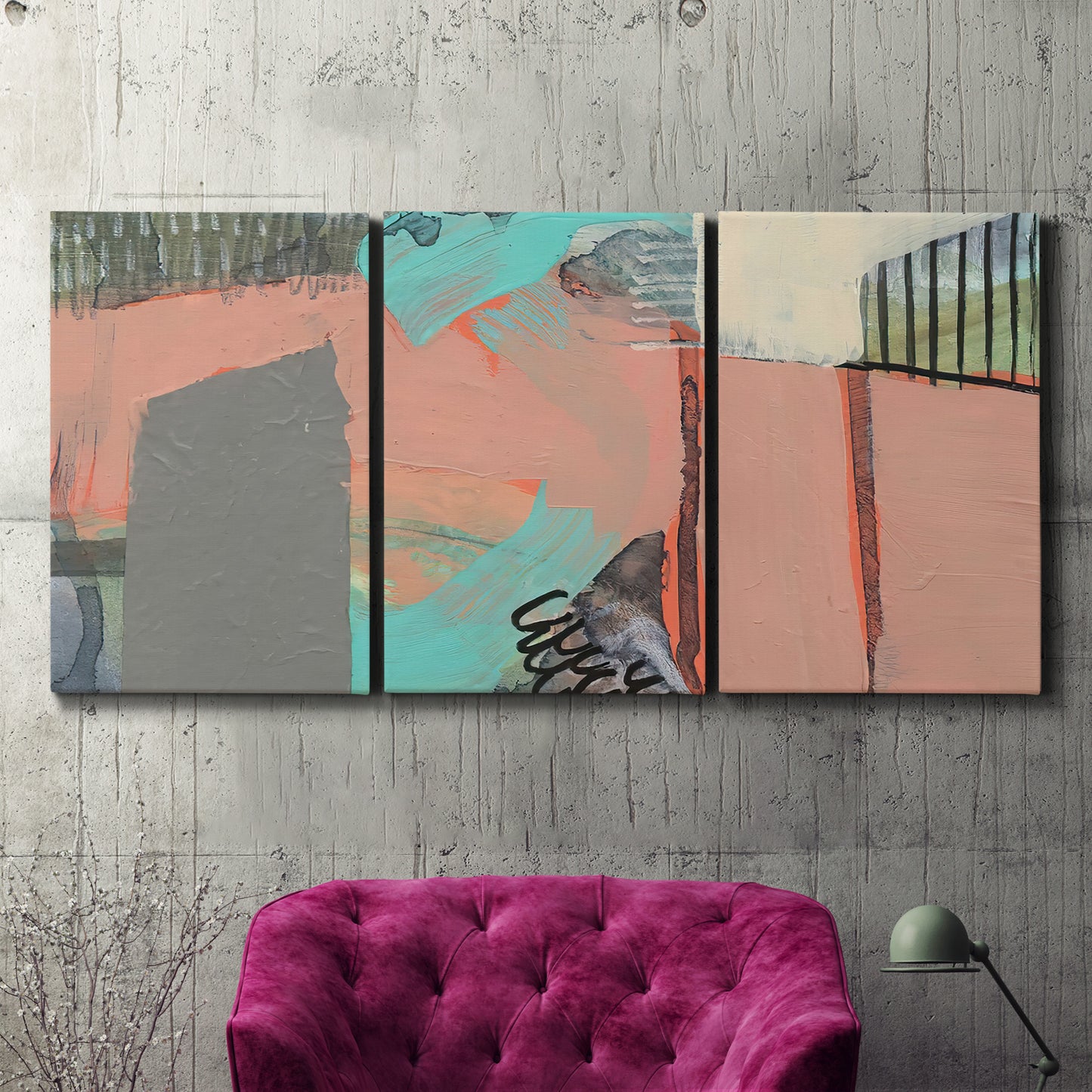 Three-panel canvas wall art featuring layered mid century abstract pathways, displayed in a living room above a suede accent chair.