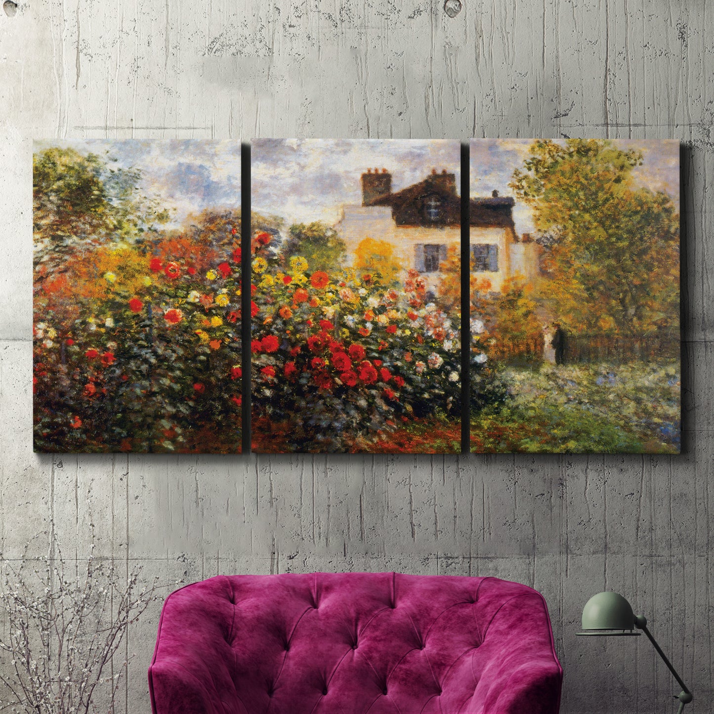 Three-panel canvas wall art featuring farm buildings in rural normandy, displayed in a living room above a suede accent chair.