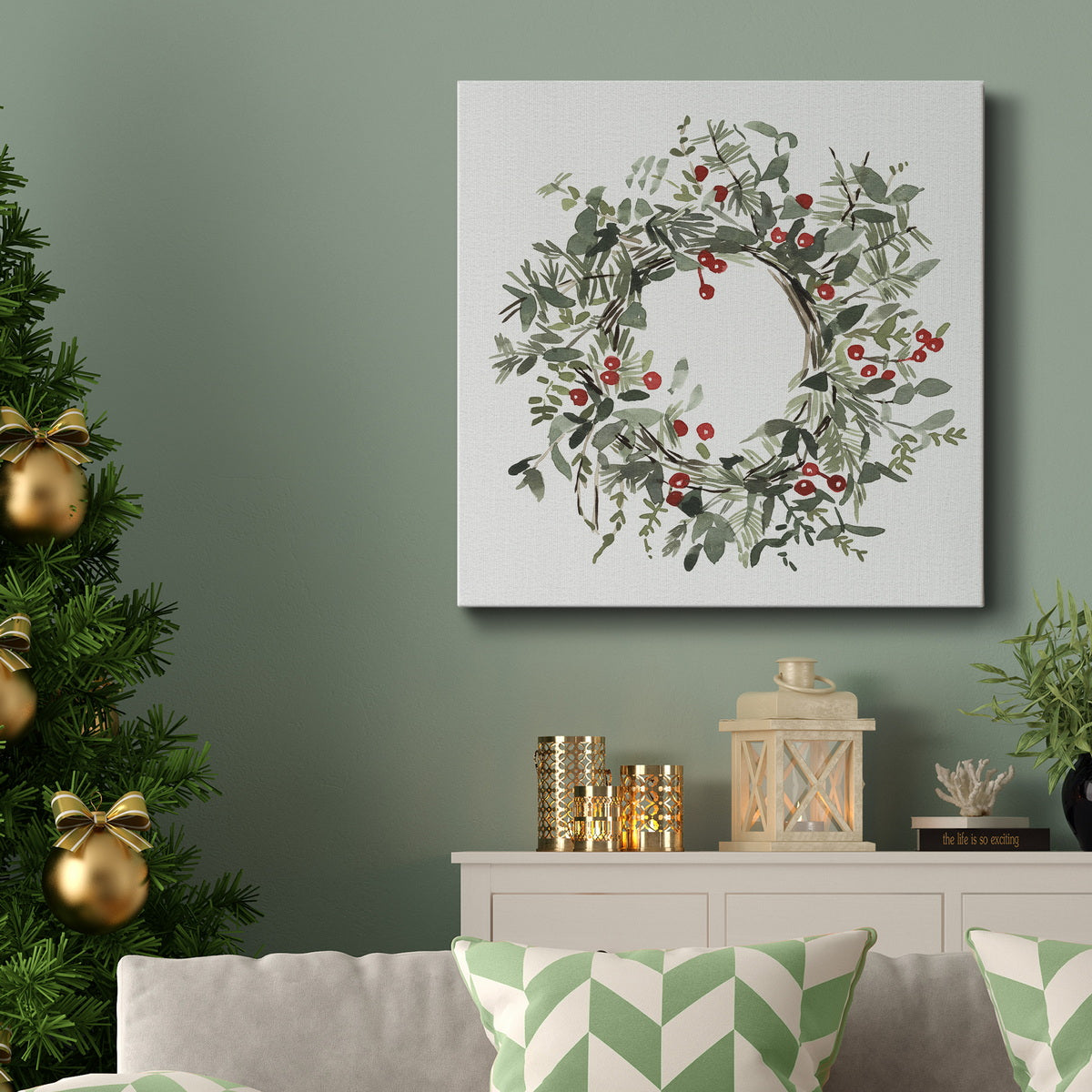 Holly Farmhouse Wreath I-Premium Gallery Wrapped Canvas - Ready to Hang