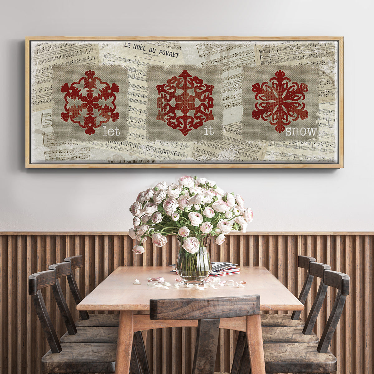 Burlap Music Snowflakes - Floater Framed Canvas Print