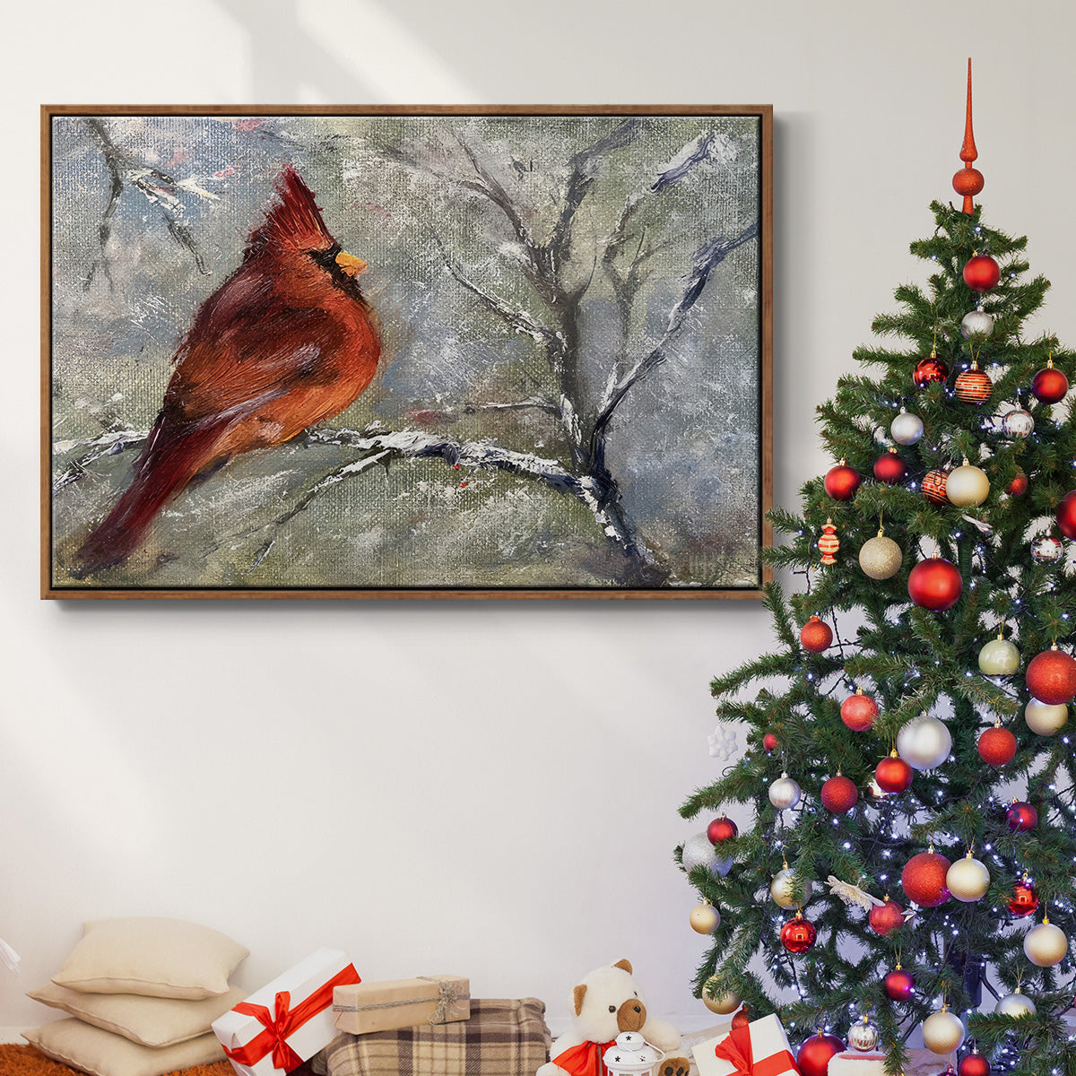 Cardinal in Snow II - Framed Gallery Wrapped Canvas in Floating Frame