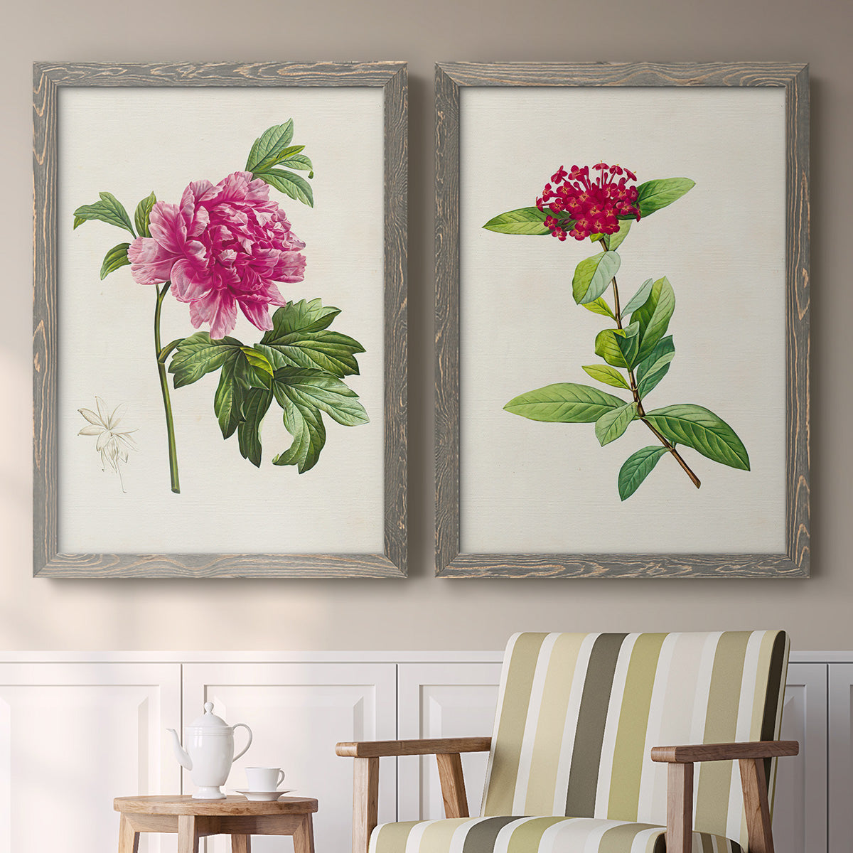 Set of two gray barnwood framed canvas prints depicting two vintage botanical plate illustrations featuring pink flowering plant specimens above a sideboard in a cozy sitting room.