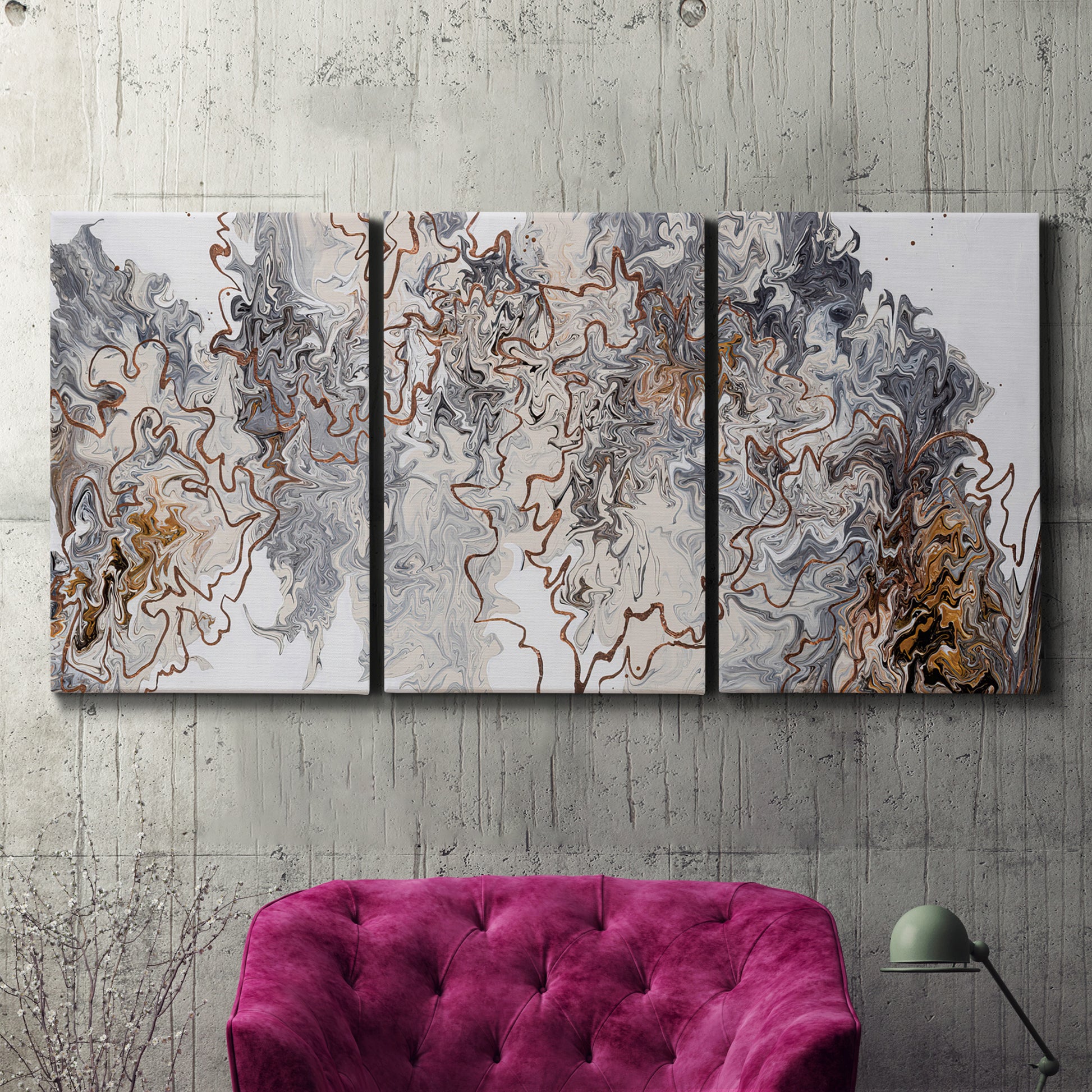Three-panel canvas wall art featuring wooded trail through forest, displayed in a living room above a suede accent chair.