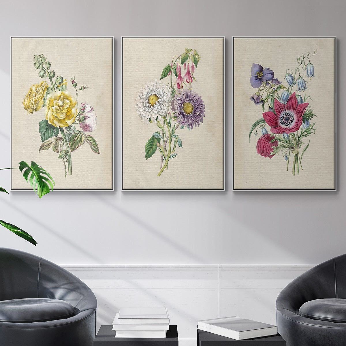 Antique Garden Bouquet I - Framed Premium Gallery Wrapped Canvas L Frame 3 Piece Set - Ready to Hang