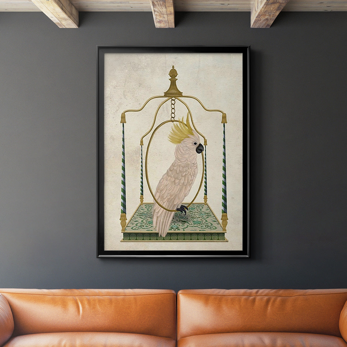 White Cockatoo on Swing - Modern Framed Canvas Print