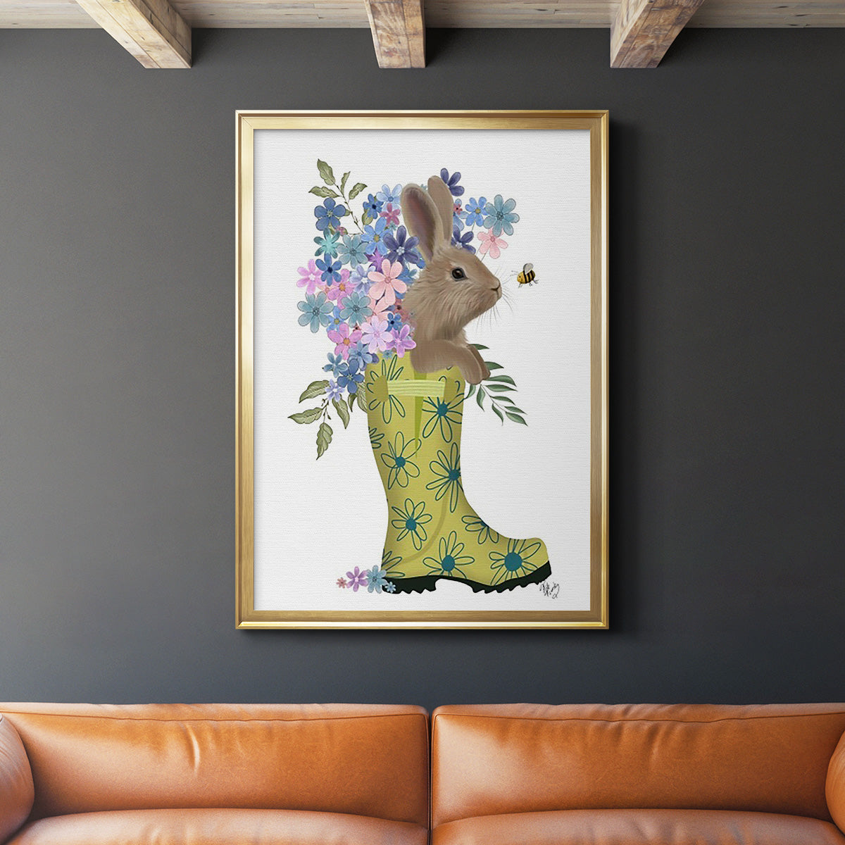 Welly Bunny And Bee - Modern Framed Canvas Print