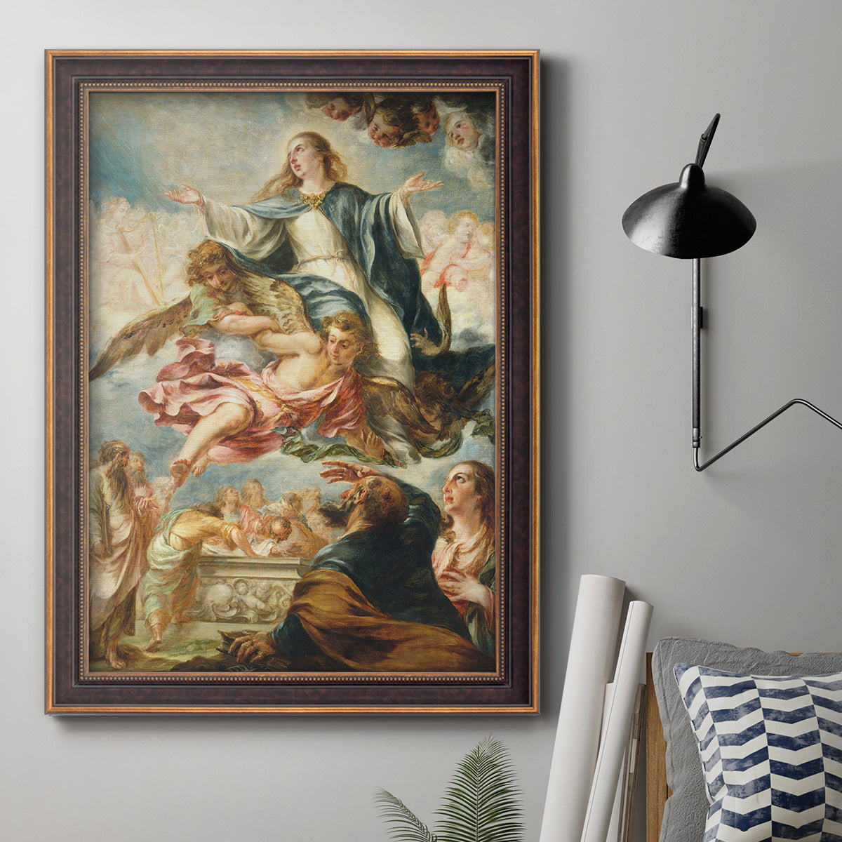Religious painting of the Assumption of the Virgin Mary by Juan de Valdés Leal in an ornate bronzed mahogany wood frame displayed in a neutral interior setting.