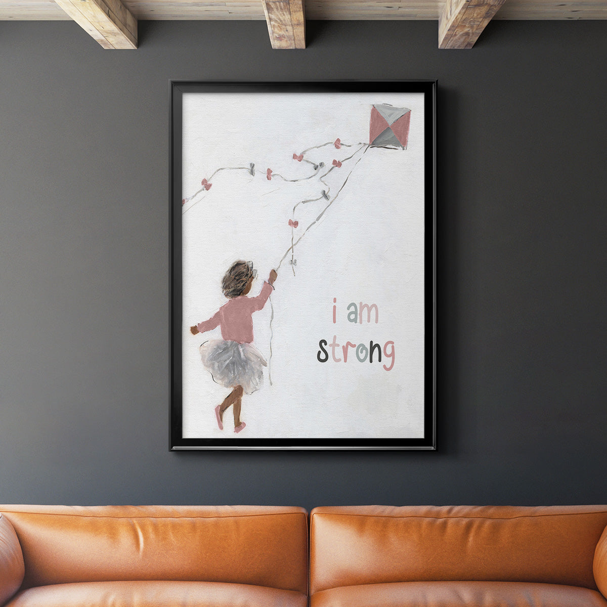Girl Flying Kite - Modern Framed Canvas Print