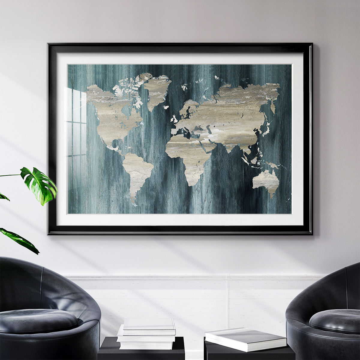 Navy World Map - Modern Framed Art Print