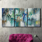 Three-panel canvas wall art featuring joyful abstract color harmony, displayed in a living room above a suede accent chair.