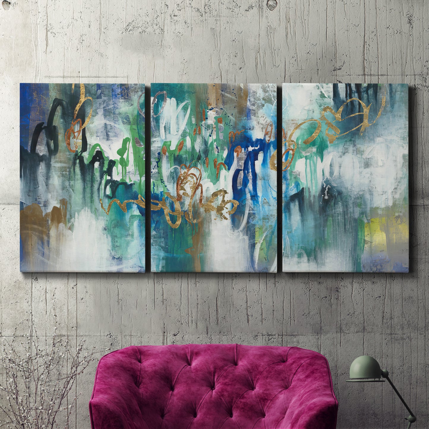 Three-panel canvas wall art featuring joyful abstract color harmony, displayed in a living room above a suede accent chair.