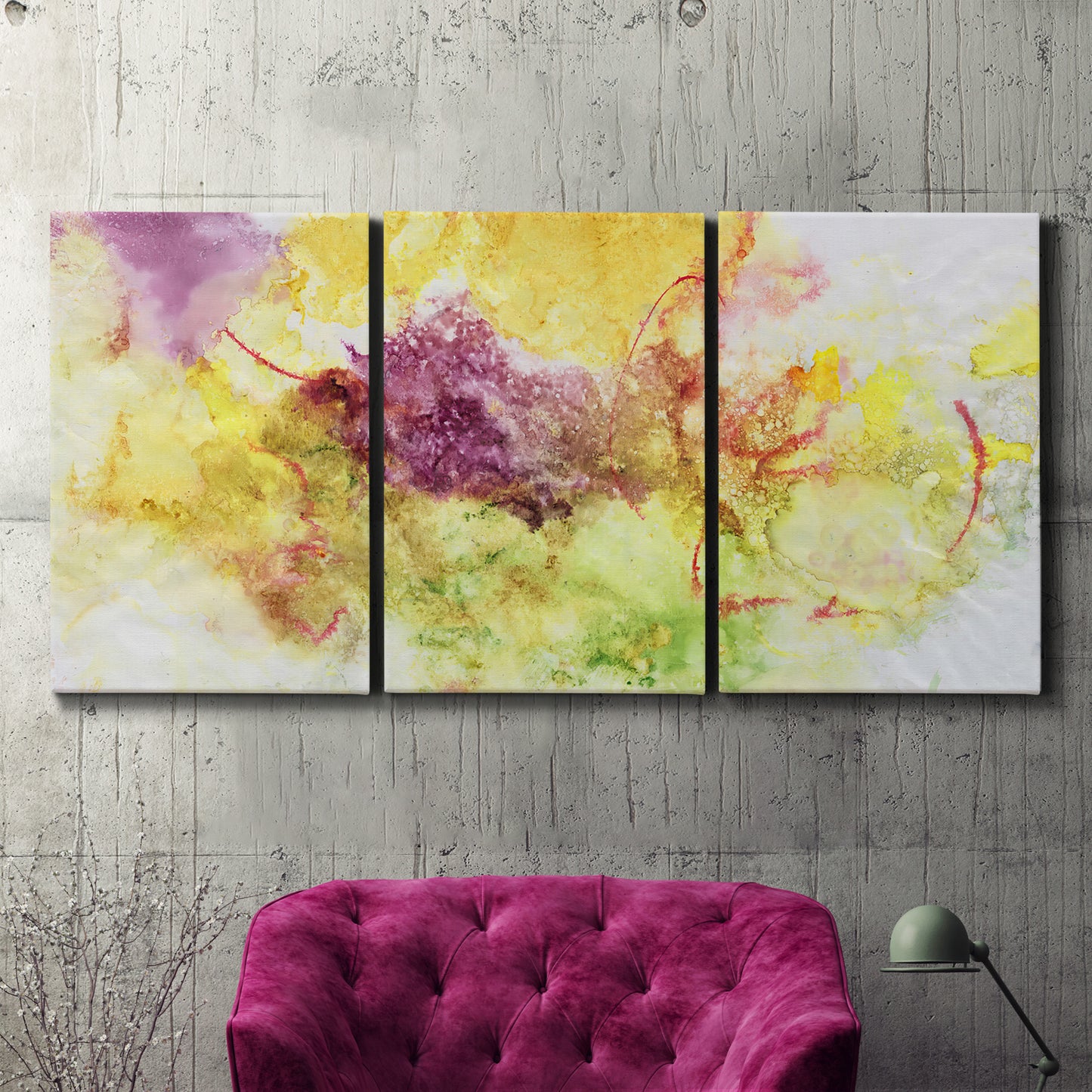 Three-panel canvas wall art featuring abstract floral rhythm composition, displayed in a living room above a suede accent chair.