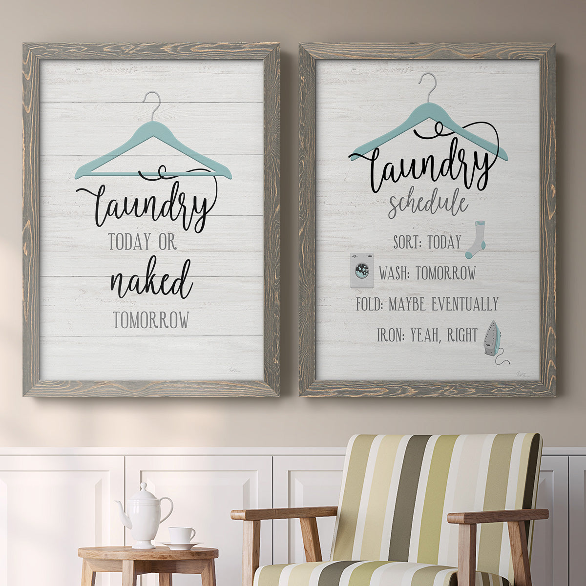 Set of two gray barnwood framed canvas prints depicting two rustic typographic wall art featuring humorous laundry-room sayings and clothing icons above a sideboard in a cozy sitting room.