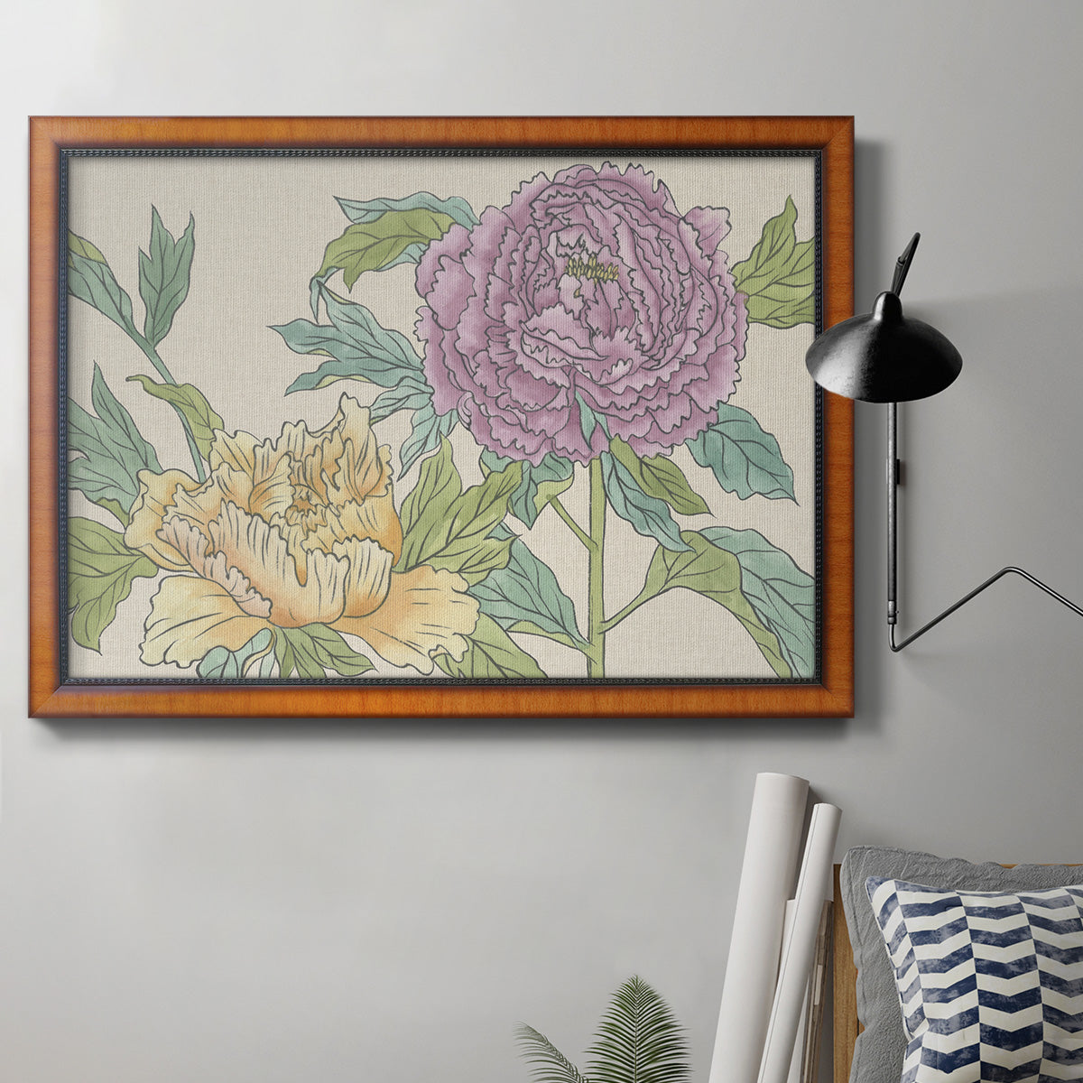 Contemporary peony flower illustration in an ornate vintage burl wood frame displayed in a neutral interior setting.