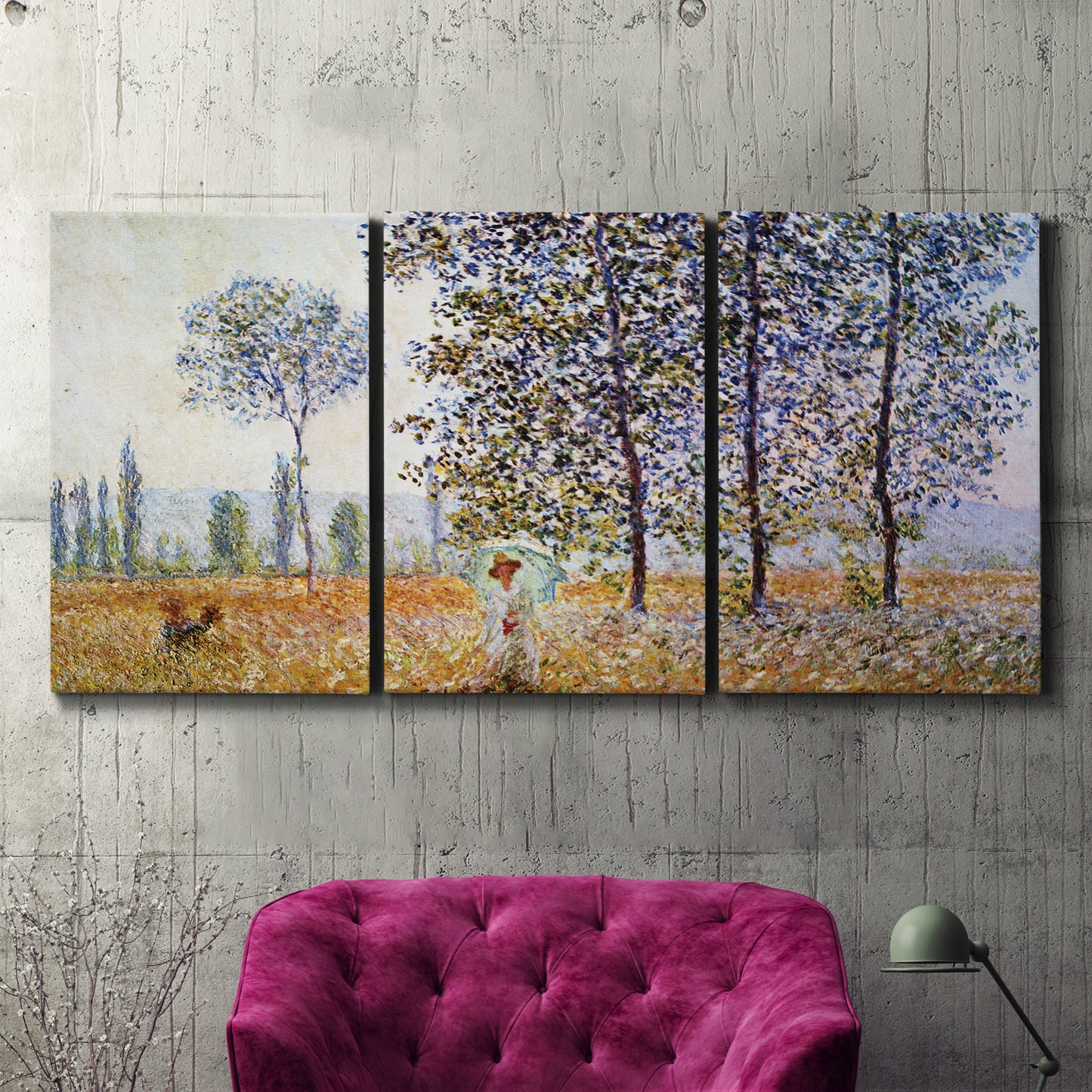 Three-panel canvas wall art featuring three poplar trees beside water, displayed in a living room above a suede accent chair.
