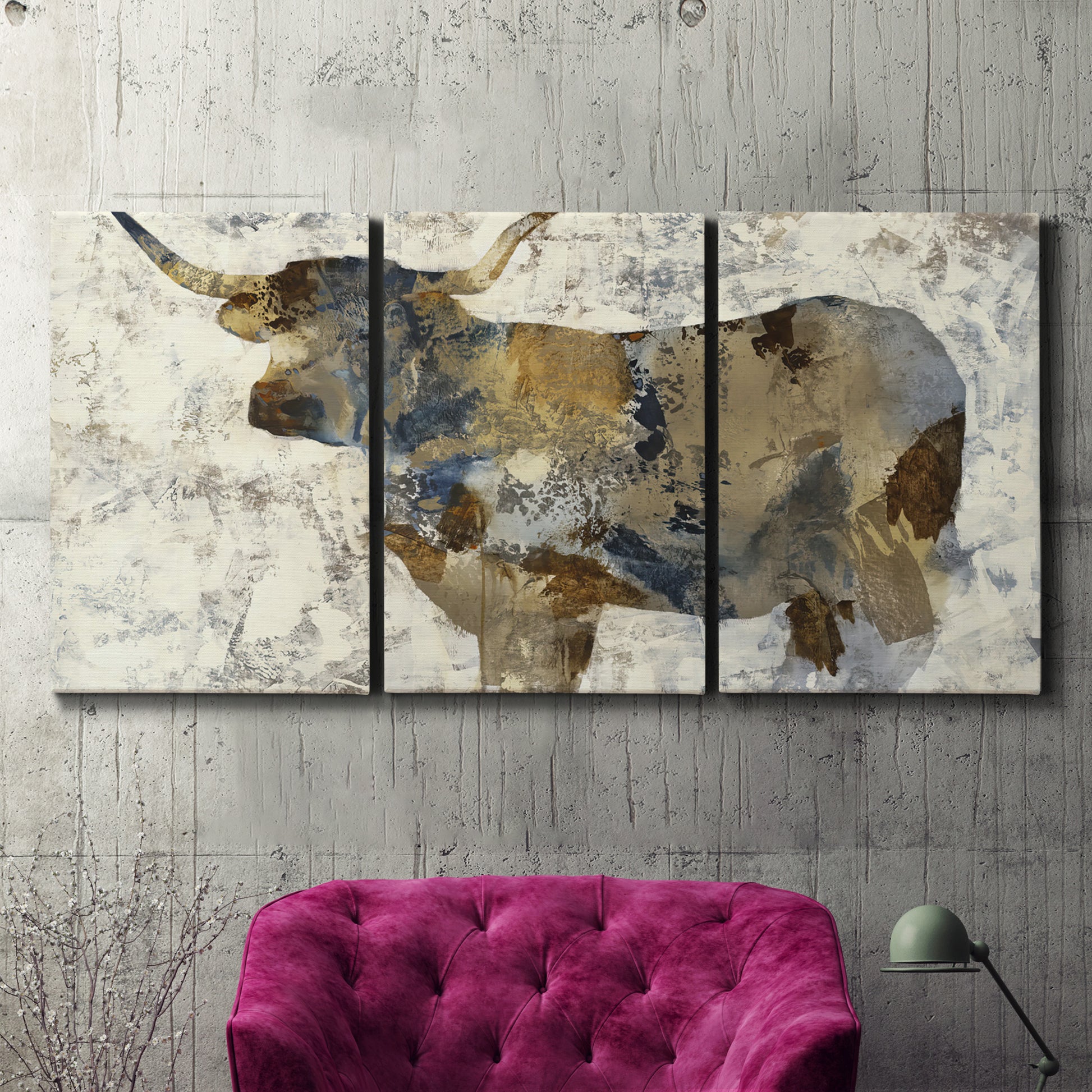 Three-panel canvas wall art featuring farm animal portrait in rustic setting, displayed in a living room above a suede accent chair.