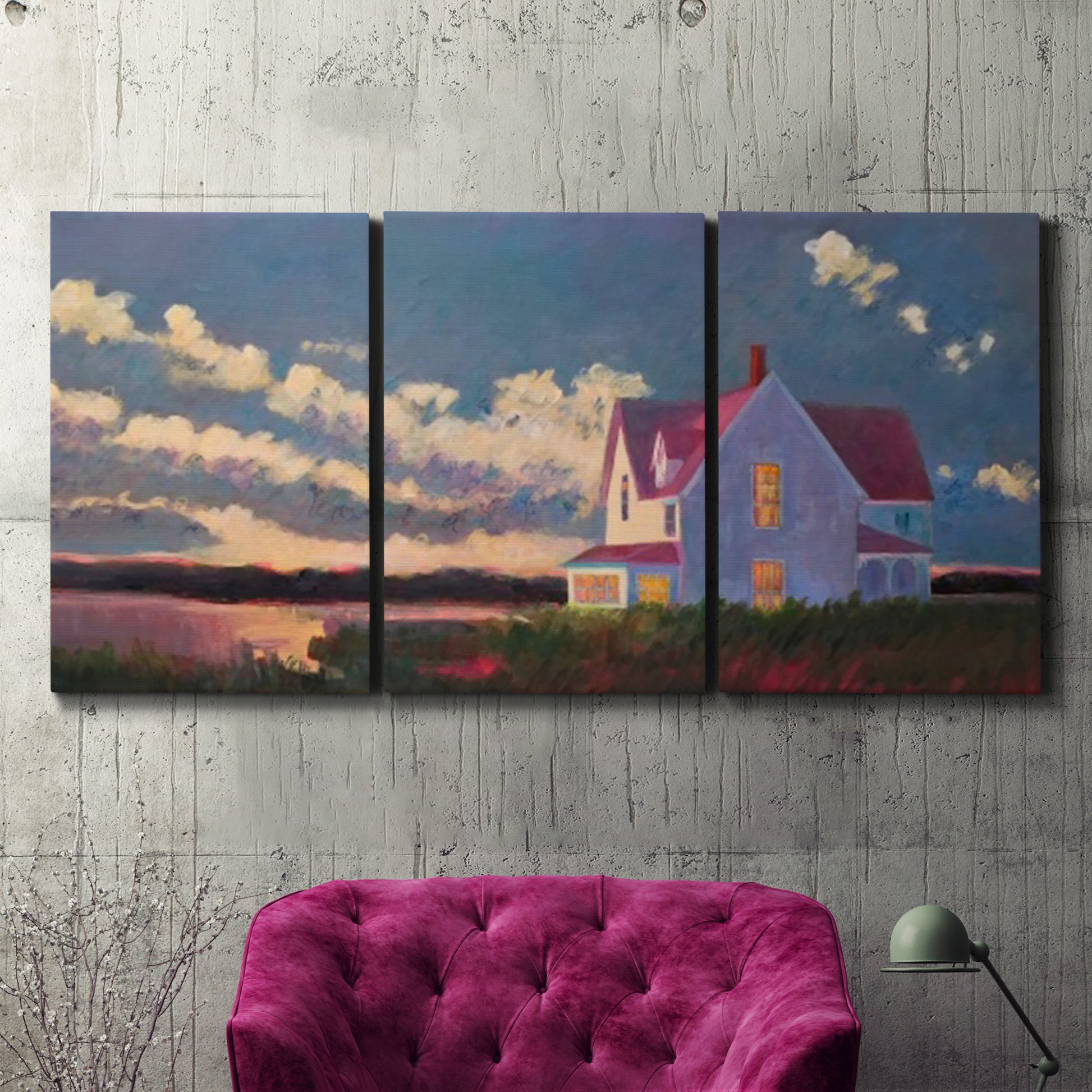 Three-panel canvas wall art featuring farmhouse scene before approaching storm, displayed in a living room above a suede accent chair.