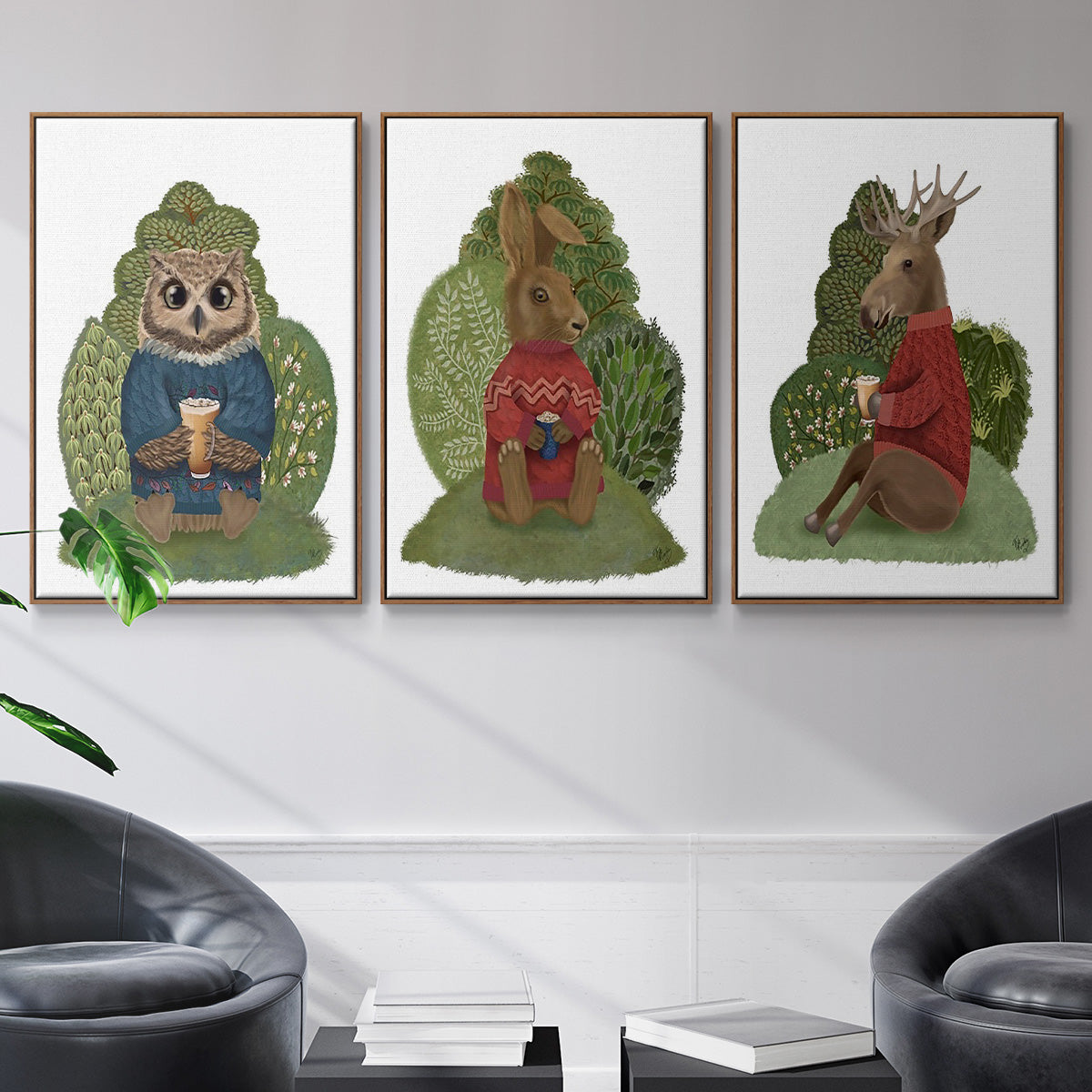 Latte Moose in Sweater - Framed Premium Gallery Wrapped Canvas L Frame 3 Piece Set - Ready to Hang