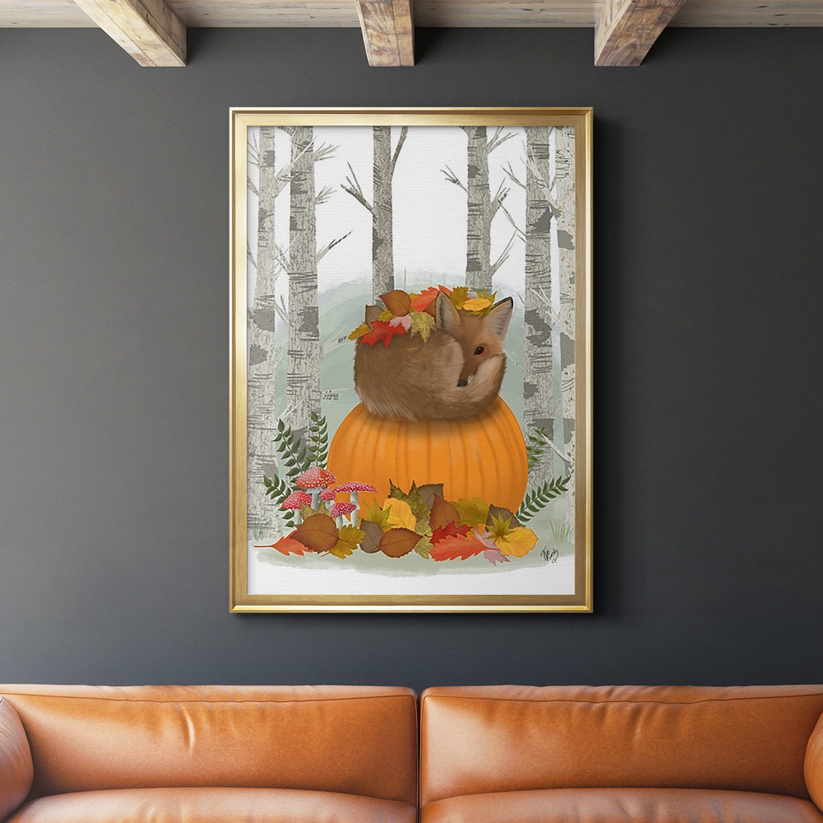 Fox Curled on Pumpkin - Modern Framed Canvas Print