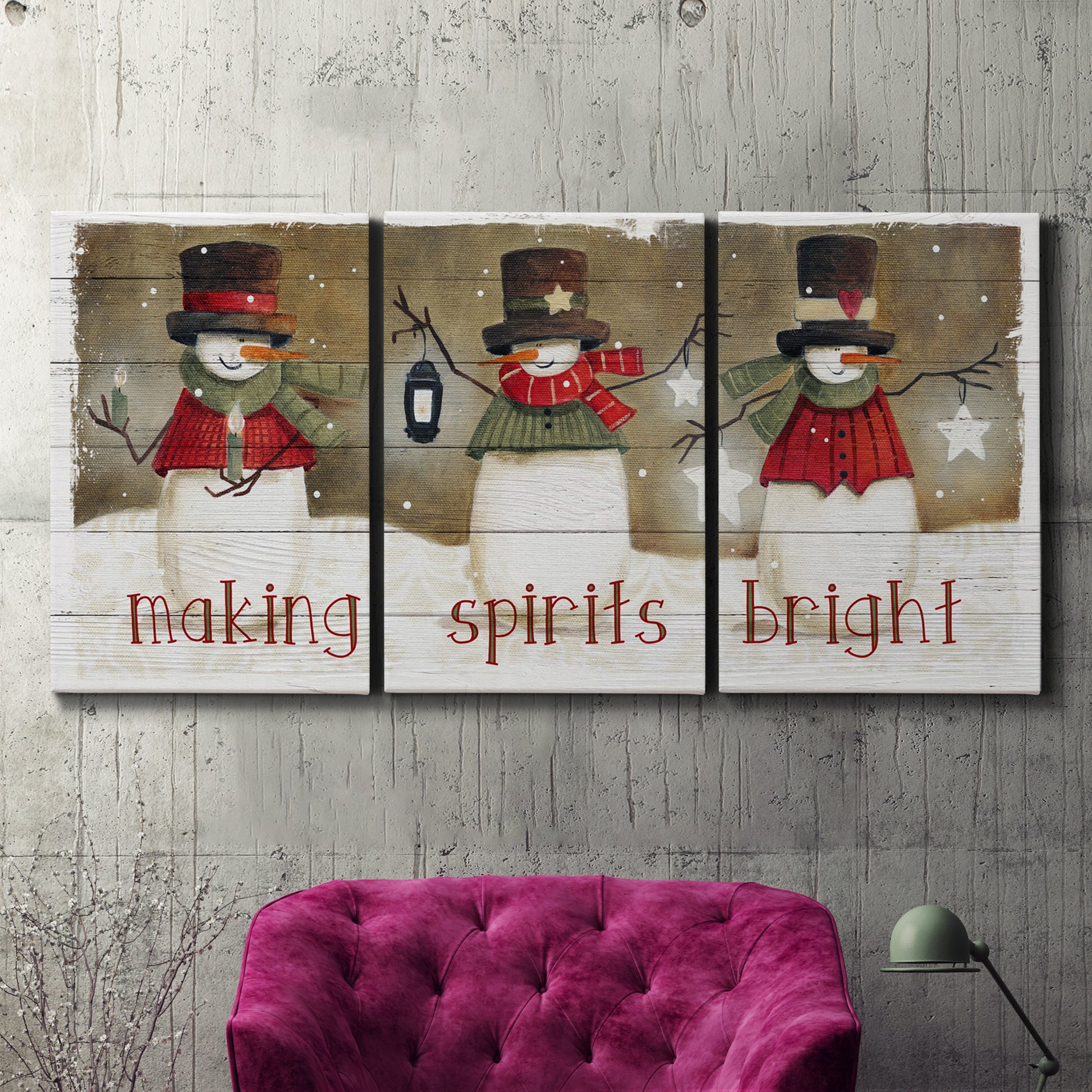 Three-panel canvas wall art featuring misty harbor sunrise with boats, displayed in a living room above a suede accent chair.