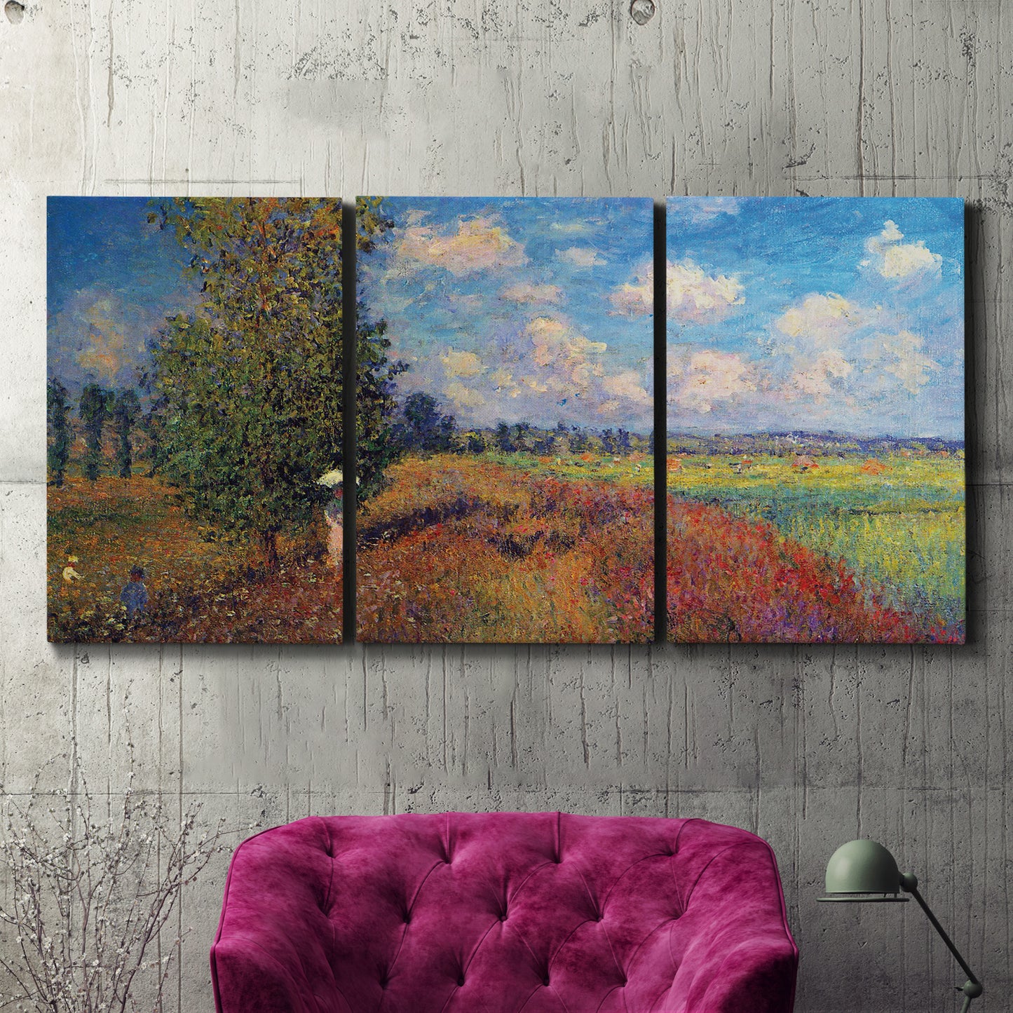 Three-panel canvas wall art featuring summer poppy field in bloom, displayed in a living room above a suede accent chair.