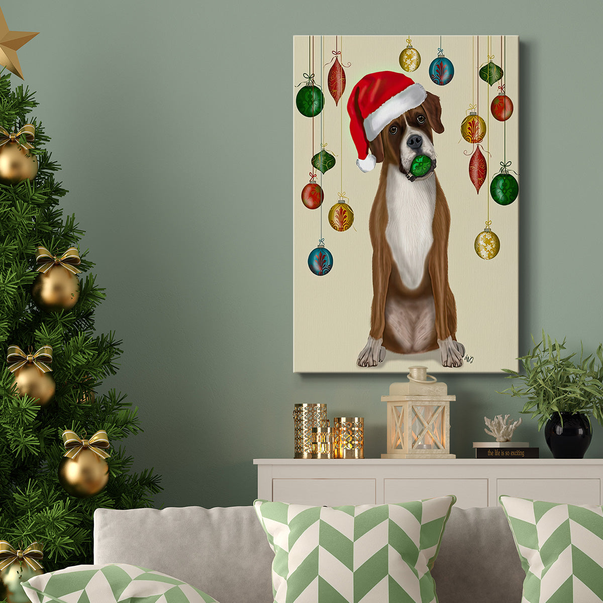 Christmas Boxer and Bauble Ball - Gallery Wrapped Canvas