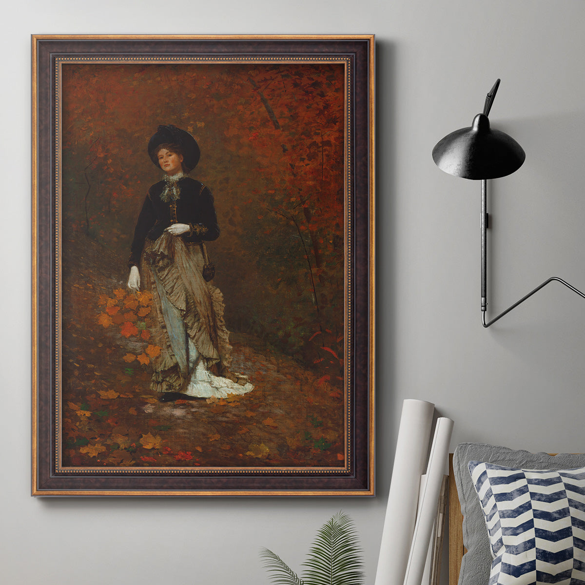 Realist autumn portrait scene by Winslow Homer in an ornate bronzed mahogany wood frame displayed in a neutral interior setting.
