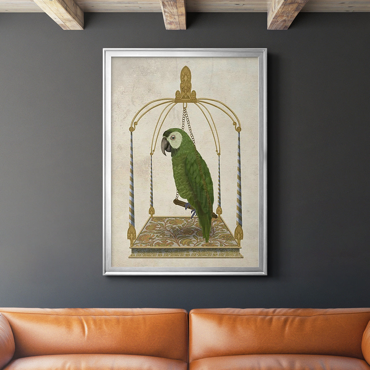 Green Parrot on Swing - Modern Framed Canvas Print