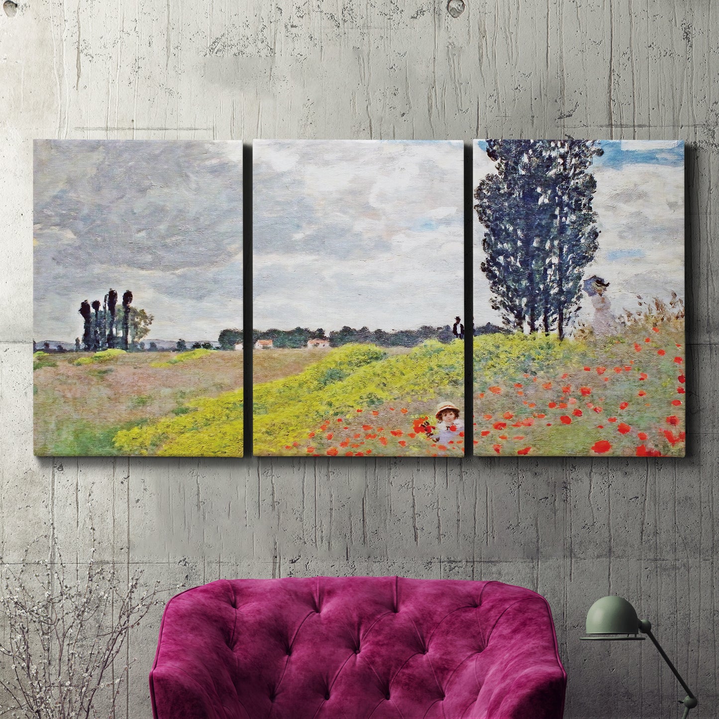 Three-panel canvas wall art featuring open poppy field in countryside, displayed in a living room above a suede accent chair.