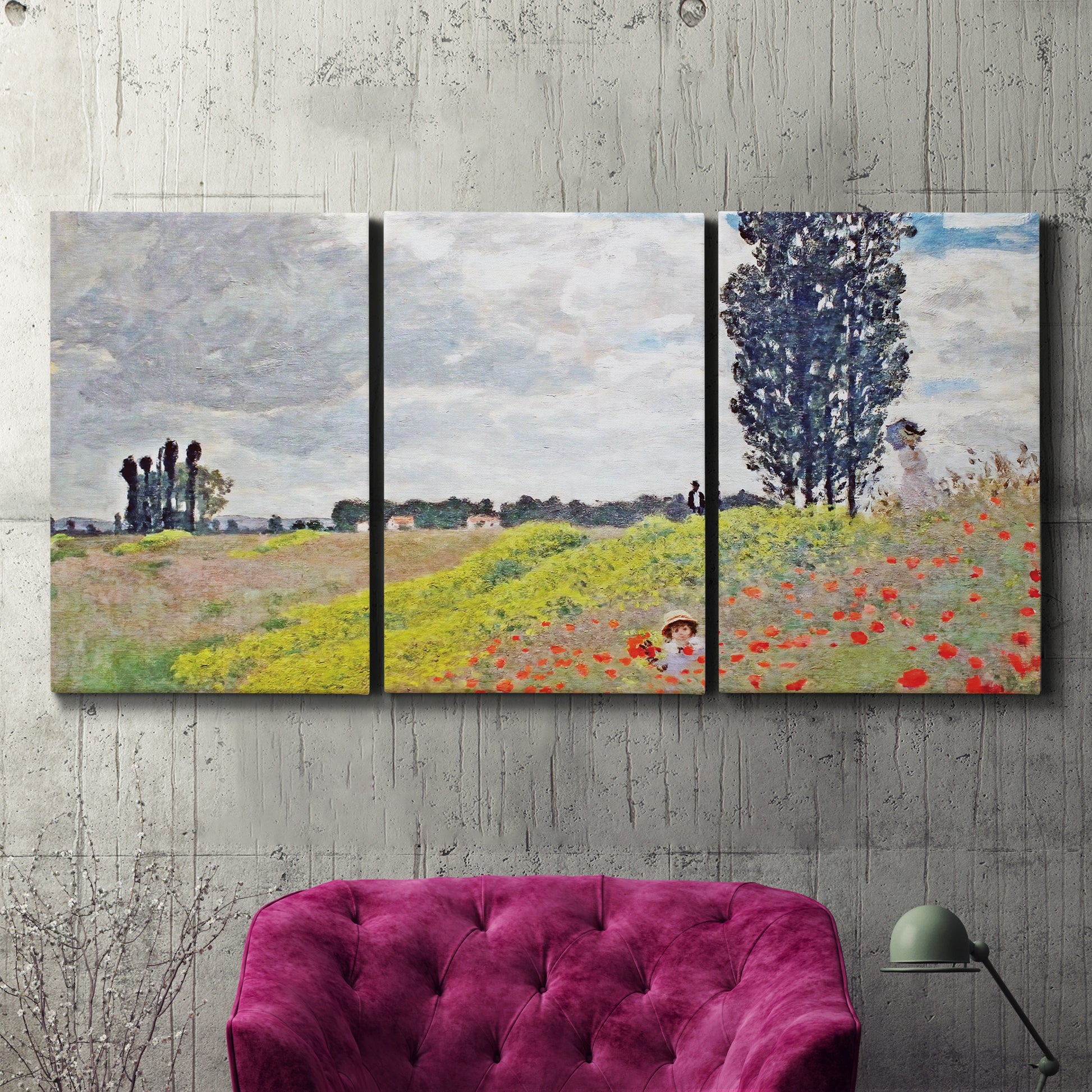 Three-panel canvas wall art featuring open poppy field in countryside, displayed in a living room above a suede accent chair.