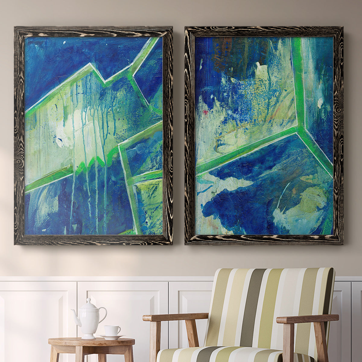 Geometric in Cool V - Premium Framed Canvas 2 Piece Set - Ready to Hang