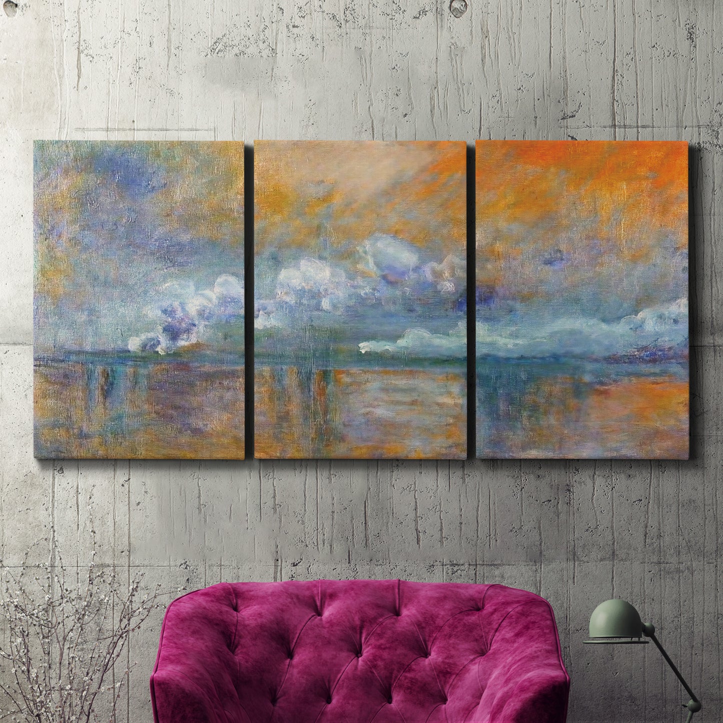 Three-panel canvas wall art featuring bridge shrouded in fog and smoke, displayed in a living room above a suede accent chair.
