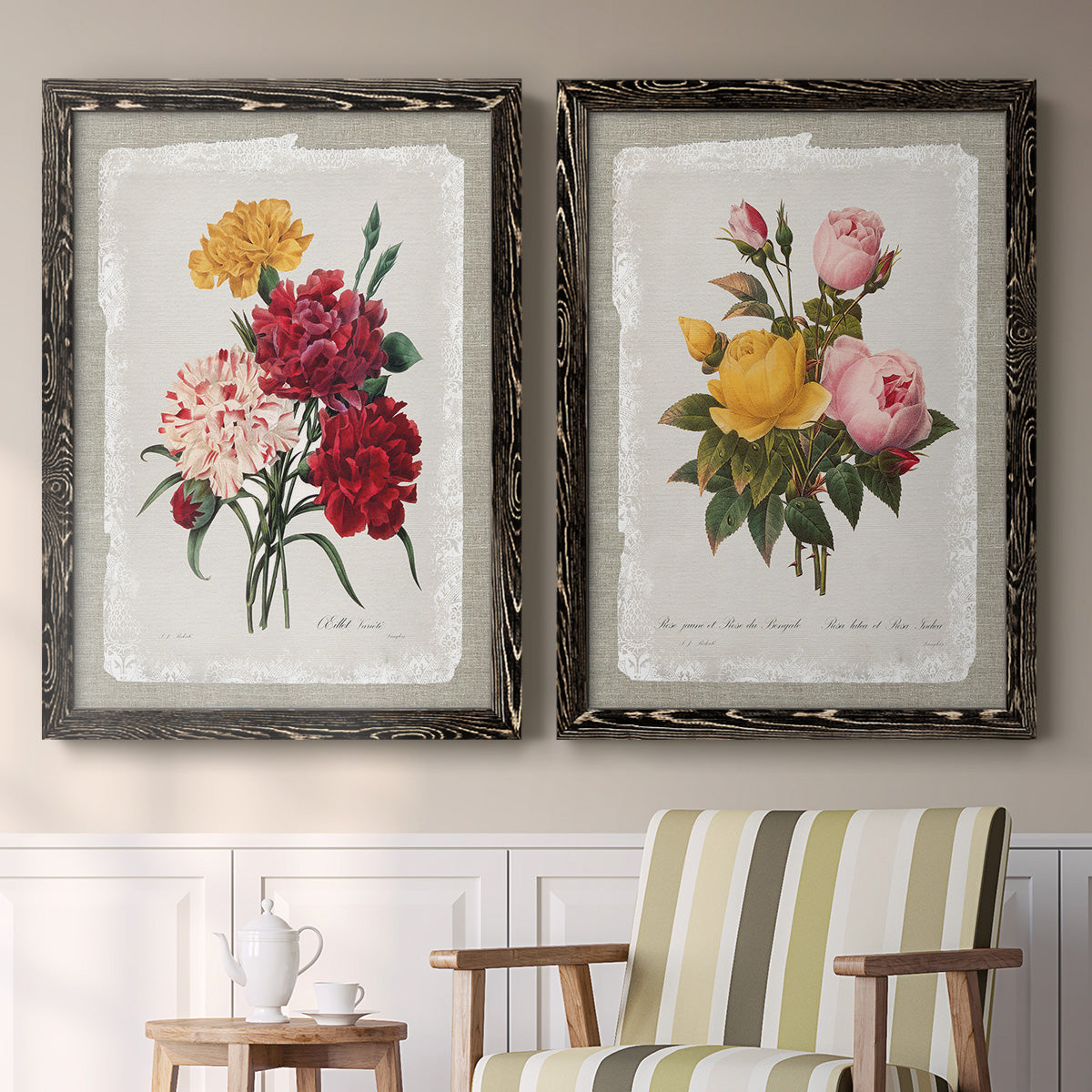 Botanical Bouquet Carnations - Premium Framed Canvas 2 Piece Set - Ready to Hang