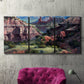 Three-panel canvas wall art featuring classic canyon landscape scene, displayed in a living room above a suede accent chair.