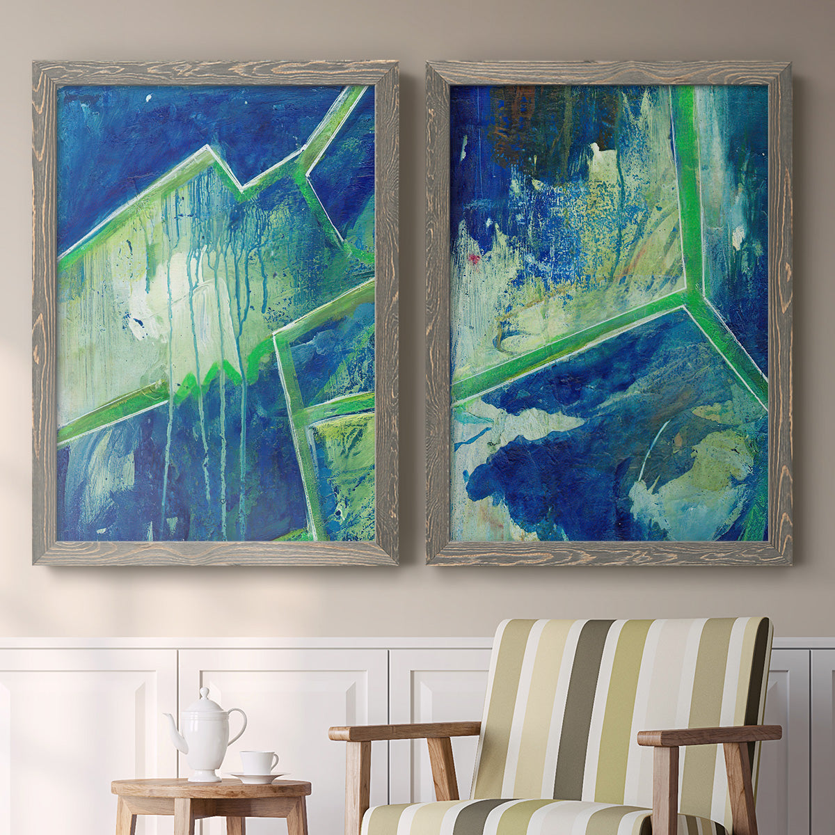 Geometric in Cool V - Premium Framed Canvas 2 Piece Set - Ready to Hang