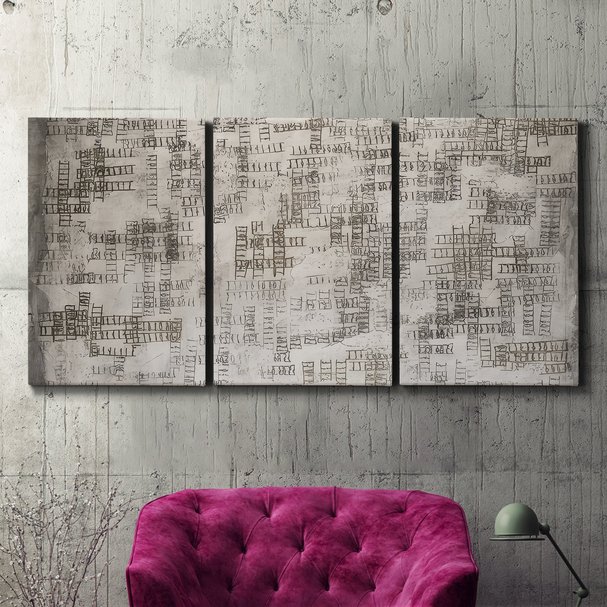 Three-panel canvas wall art featuring grid based geometric abstraction, displayed in a living room above a suede accent chair.