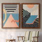Set of two maple barnwood framed canvas prints depicting two retro graphic abstracts featuring bold geometric Memphis-style patterns above a sideboard in a cozy sitting room.