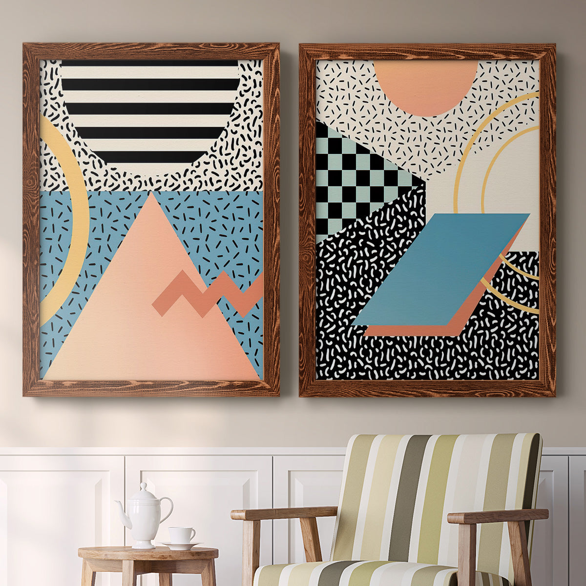 Set of two maple barnwood framed canvas prints depicting two retro graphic abstracts featuring bold geometric Memphis-style patterns above a sideboard in a cozy sitting room.