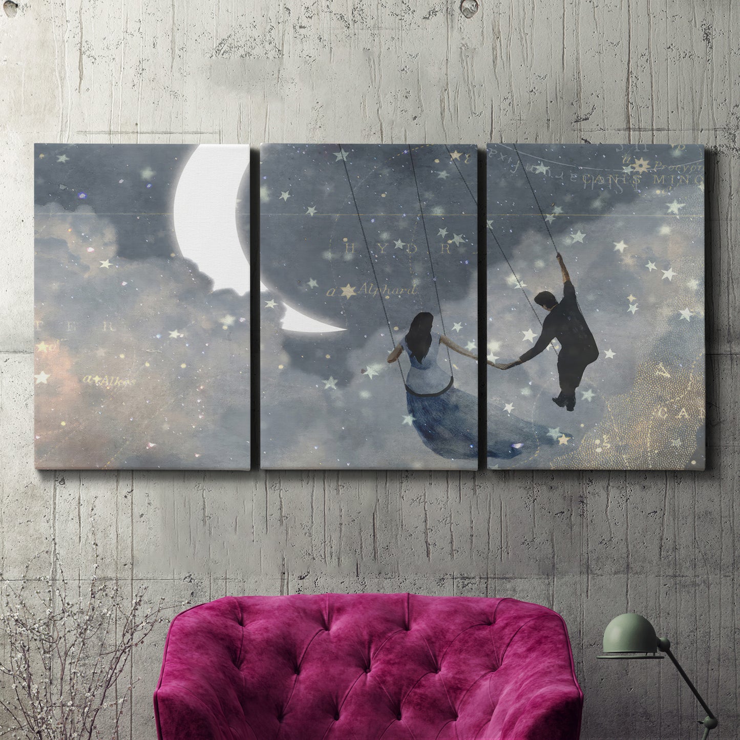 Three-panel canvas wall art featuring surreal celestial romantic scene, displayed in a living room above a suede accent chair.