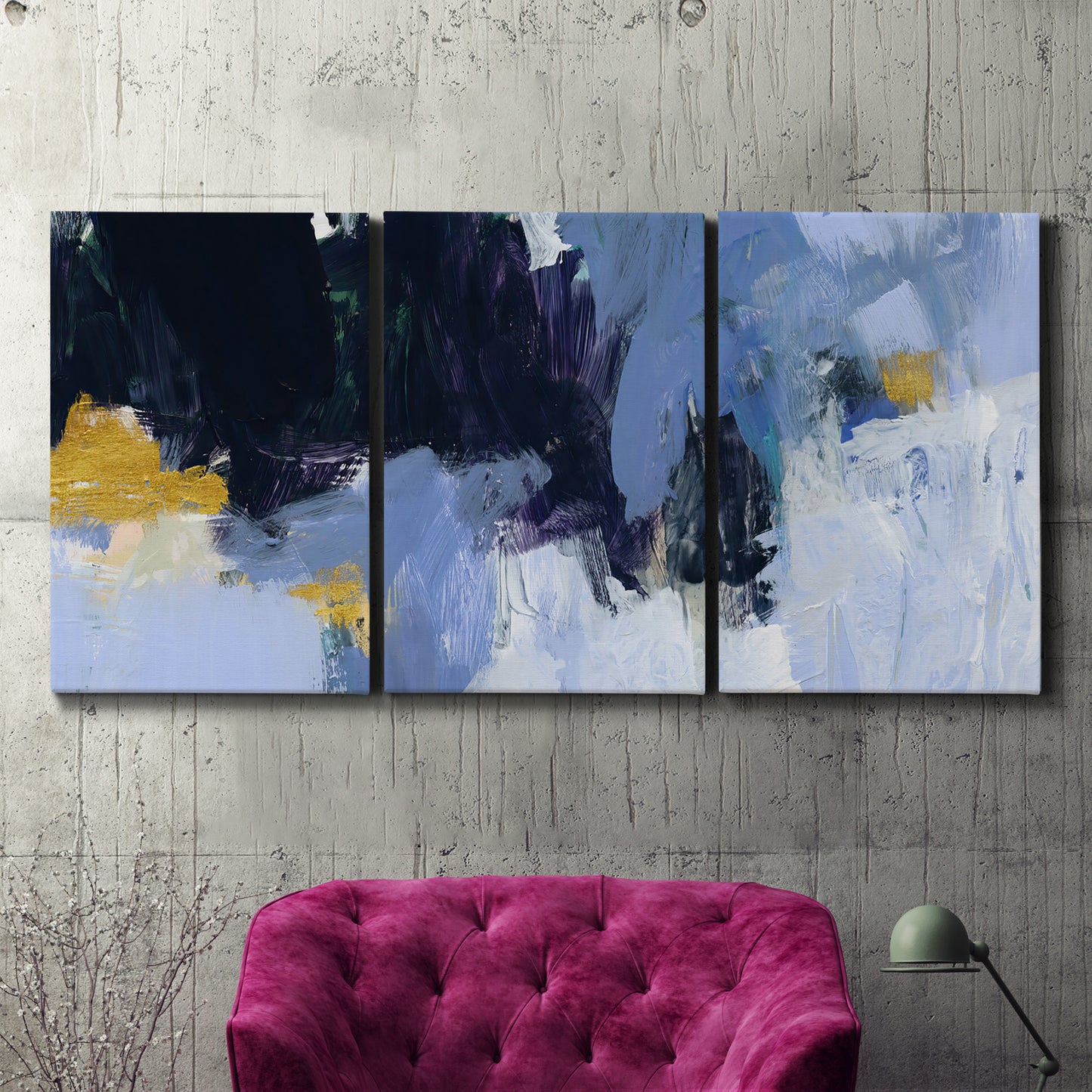 Three-panel canvas wall art featuring icy abstract arctic ledge, displayed in a living room above a suede accent chair.