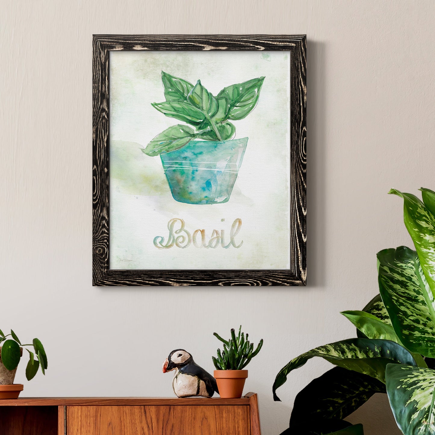 Potted Basil - Premium Canvas Framed in Barnwood - Ready to Hang