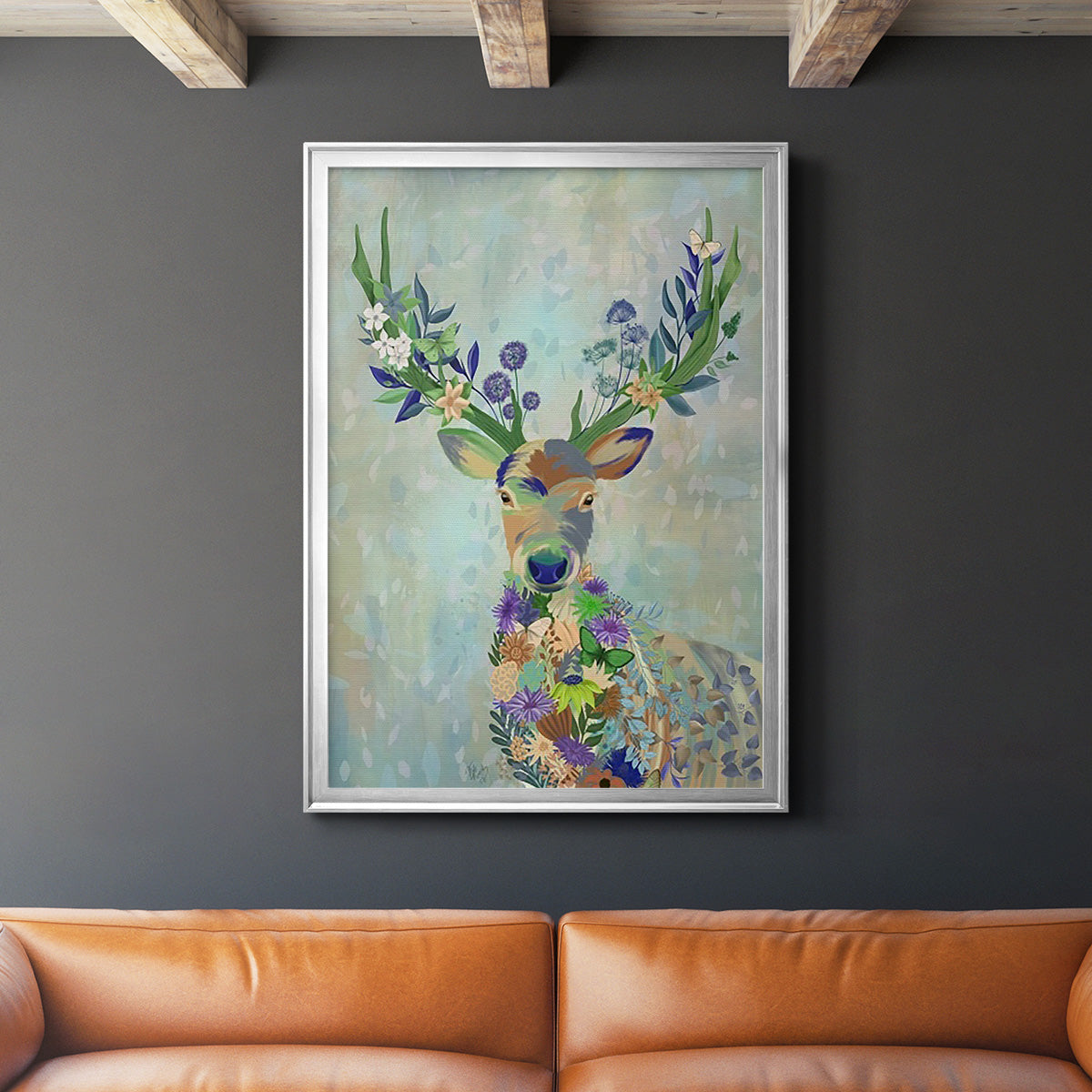 Fantastic Florals Deer, Portrait - Modern Framed Canvas Print