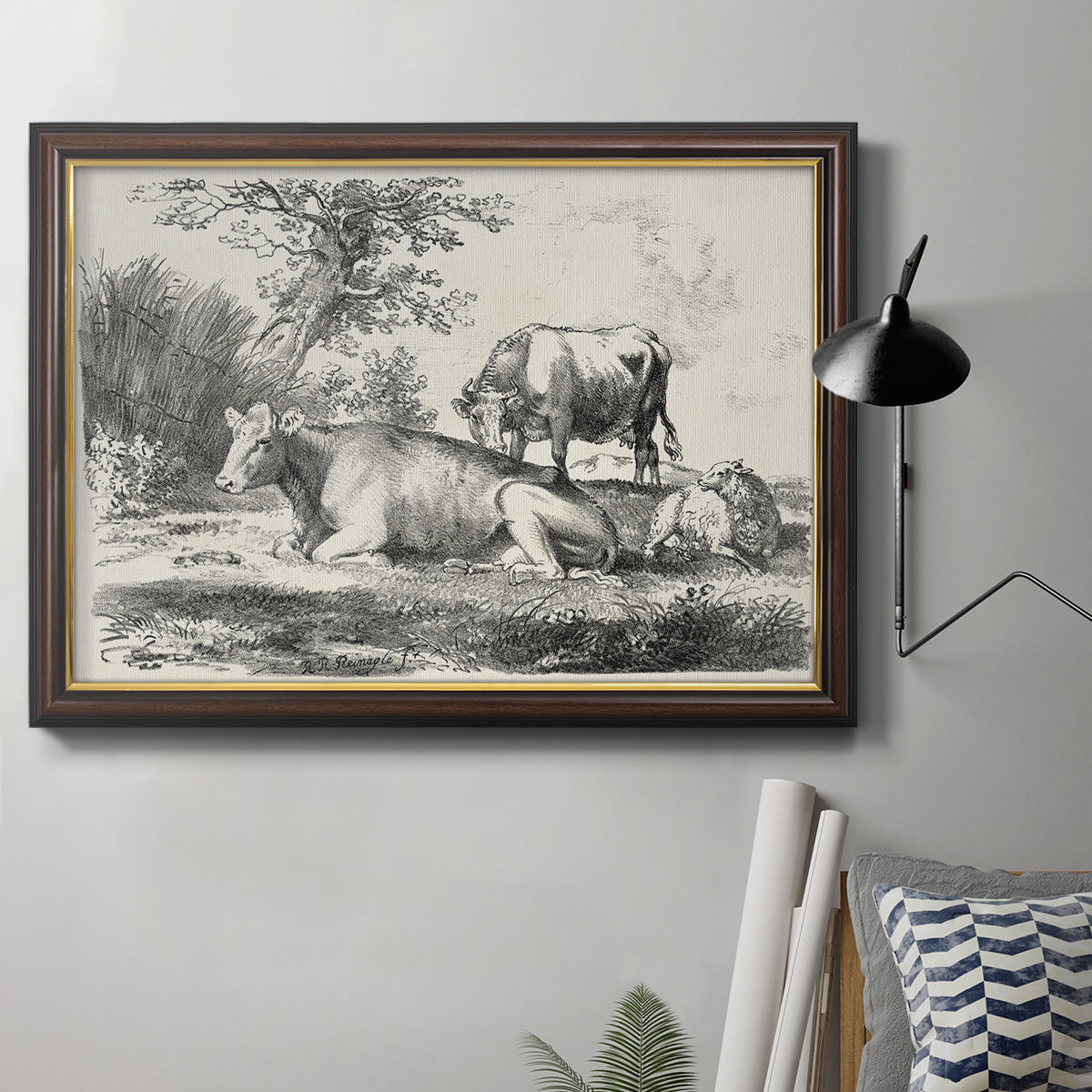 Classical pastoral landscape artwork by Nicolas Berchem in an ornate mahogany wood frame with gold liner displayed in a neutral interior setting.