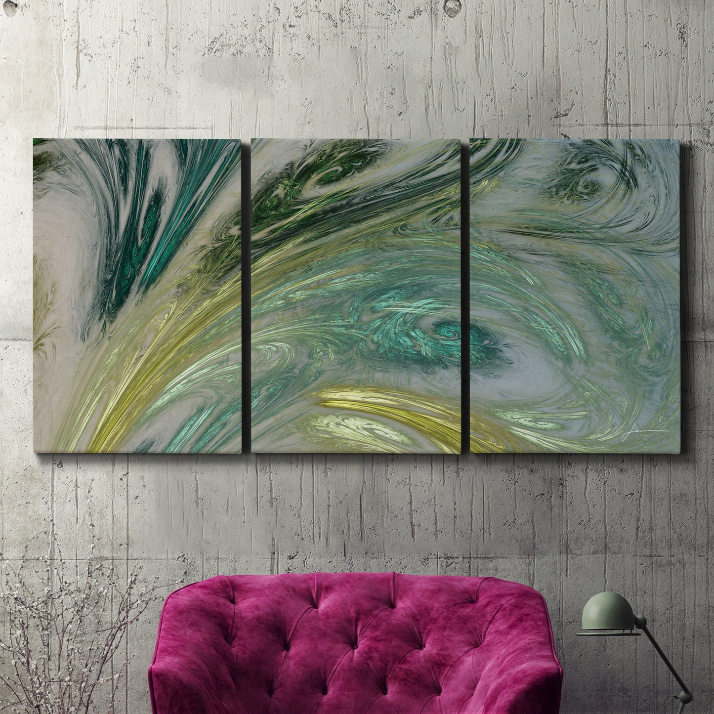 Three-panel canvas wall art featuring layered modern abstract landscape, displayed in a living room above a suede accent chair.