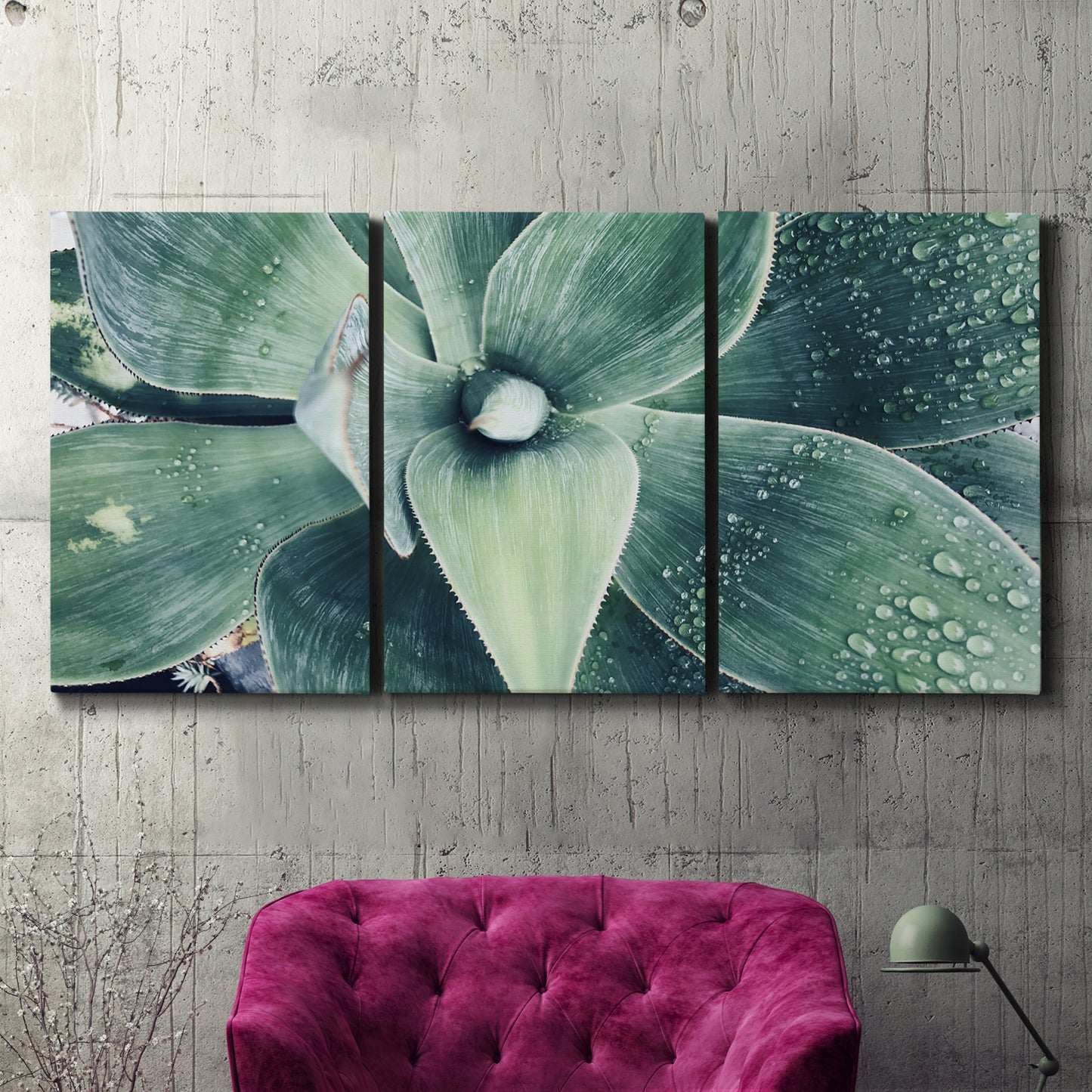 Three-panel canvas wall art featuring green succulent plant photograph, displayed in a living room above a suede accent chair.