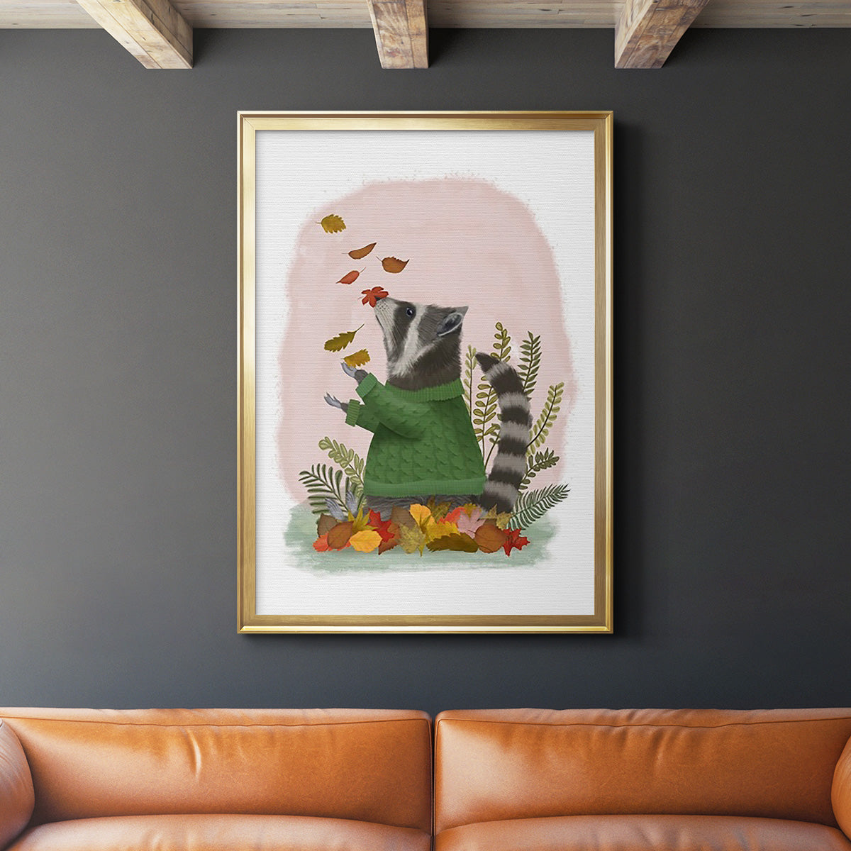 Raccoon Catching Leaves - Modern Framed Canvas Print