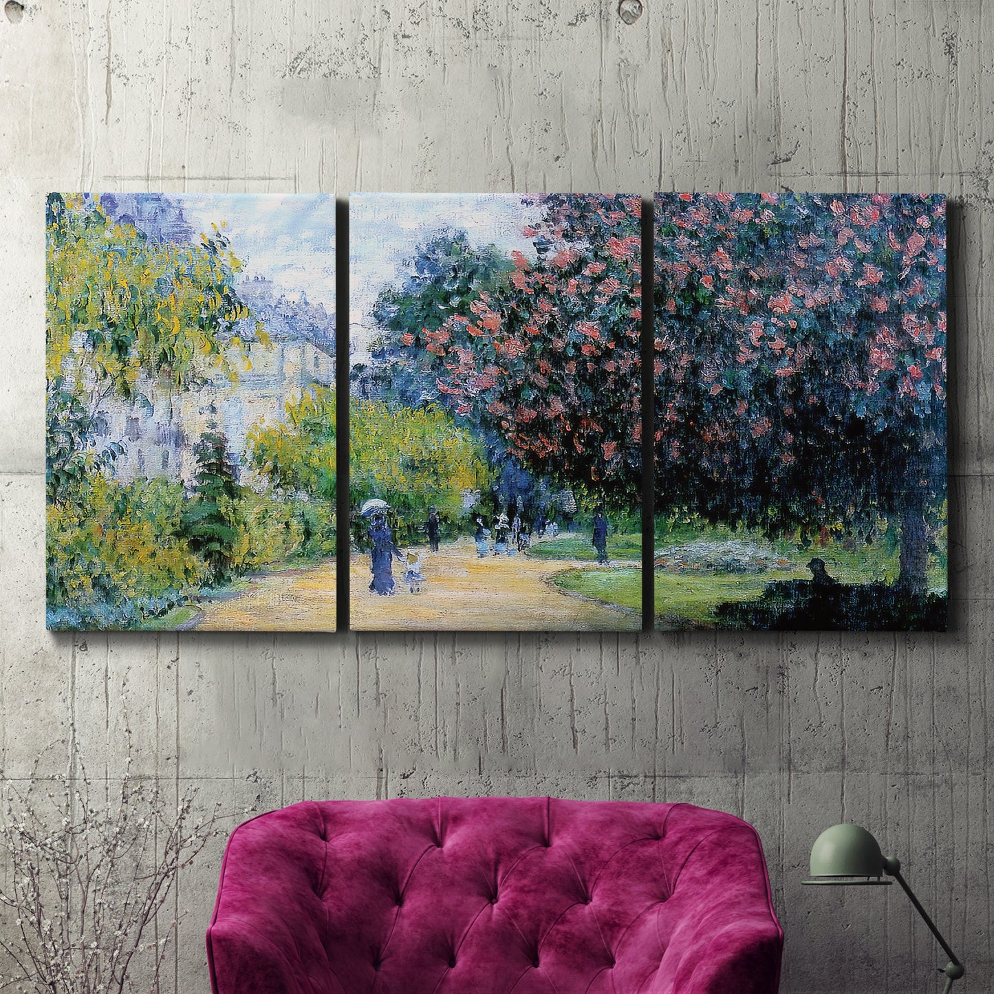 Three-panel canvas wall art featuring formal city park with trees, displayed in a living room above a suede accent chair.