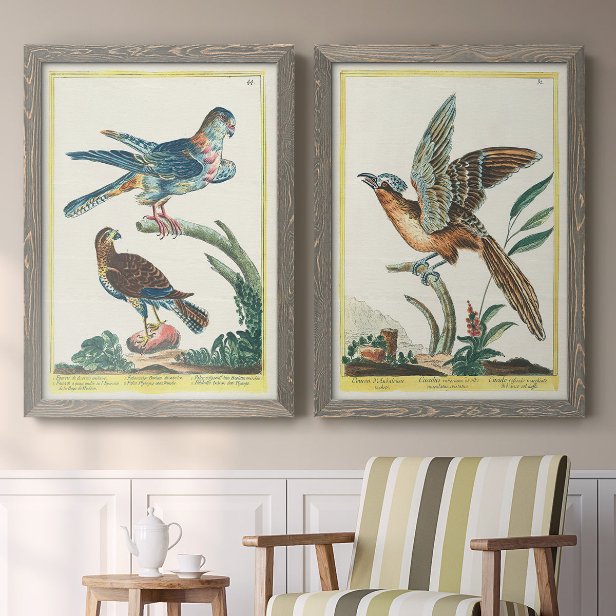 Set of two gray barnwood framed canvas prints depicting two atmospheric abstract paintings featuring misty blue gray and violet marks hovering across pale grounds above a sideboard in a cozy sitting room.