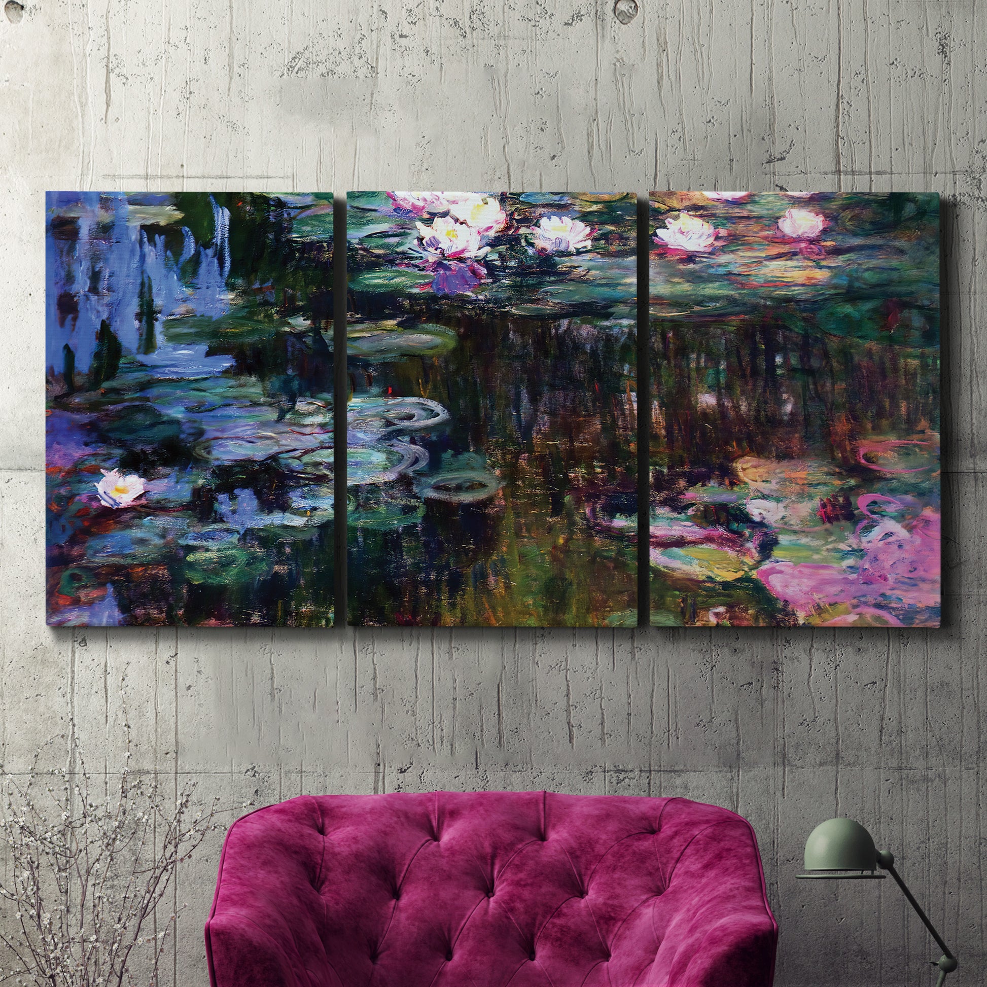Three-panel canvas wall art featuring water lilies with willow reflections, displayed in a living room above a suede accent chair.